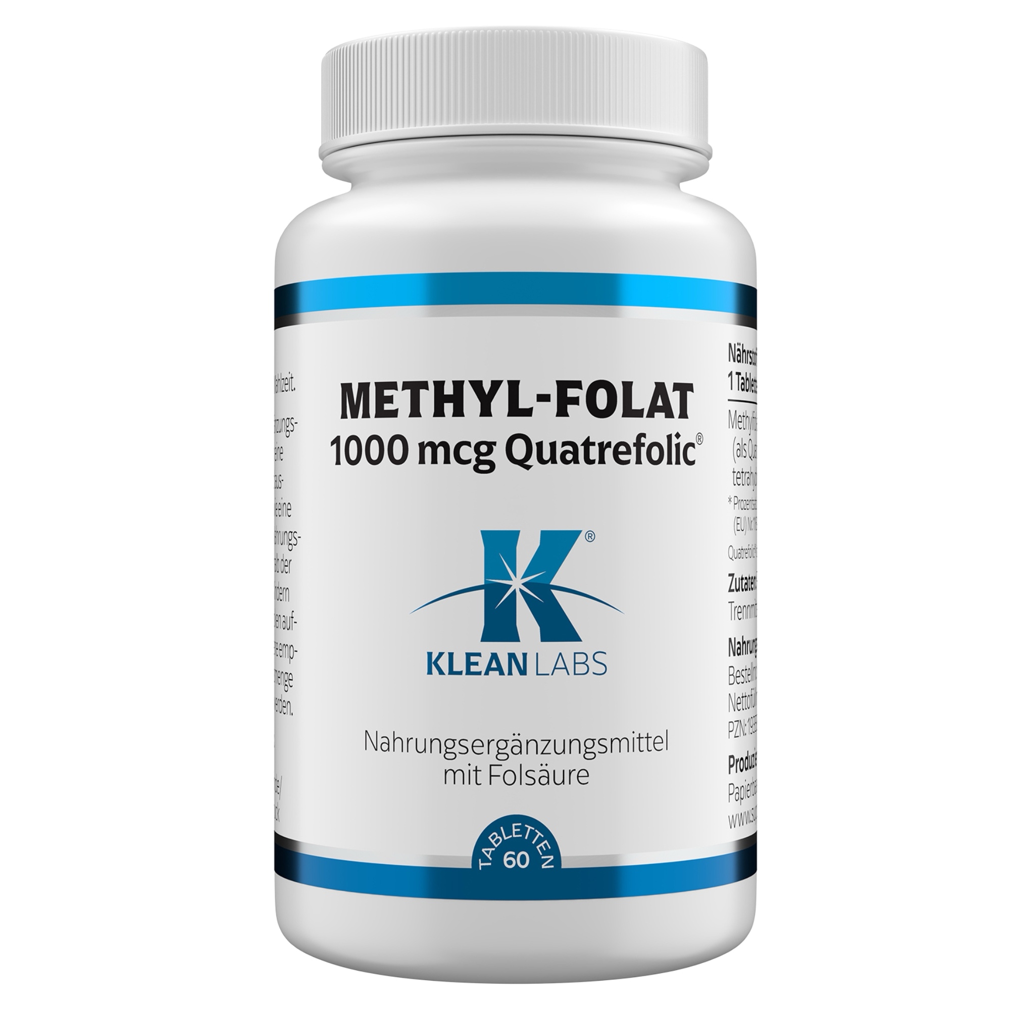 Produktfoto: Eine weiße Plastikflasche mit einem blauen Etikett und der Aufschrift 'Methyl-Folat 1000 mcg Quatrefolic'. Darunter steht 'Klean Labs' und 'Nahrungsergänzungsmittel mit Folsäure'. Die Flasche hat einen weißen Schraubverschluss.