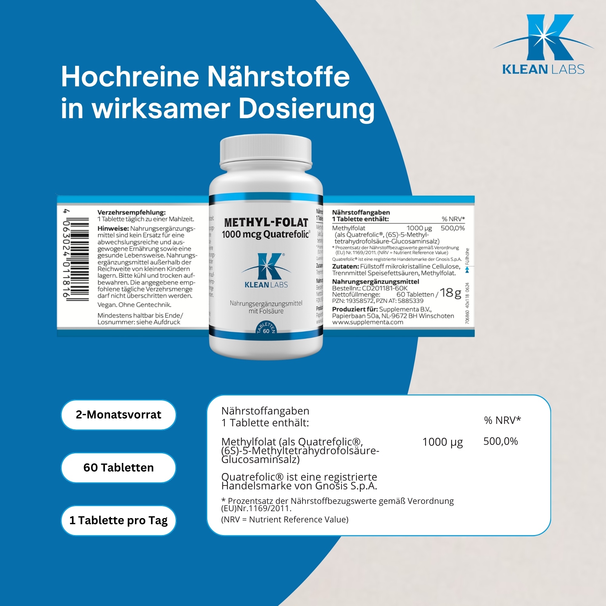 Produktfoto: Eine weiße Plastikflasche mit einem blauen Etikett und der Aufschrift 'Methyl-Folat 1000 mcg Quatrefolic'. Darunter steht 'Klean Labs' und 'Nahrungsergänzungsmittel mit Folsäure'. Die Flasche hat einen weißen Schraubverschluss.
