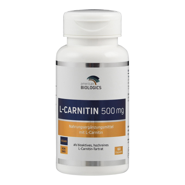 Produktfoto: Ein weißes Plastikfläschchen mit der Aufschrift “L-CARNITIN 500 mg“ von American Biologics. Es ist ein Nahrungsergänzungsmittel, das als vegan und non-GMO gekennzeichnet ist. Enthält 60 Kapseln mit L-Carnitin-Tartrat.