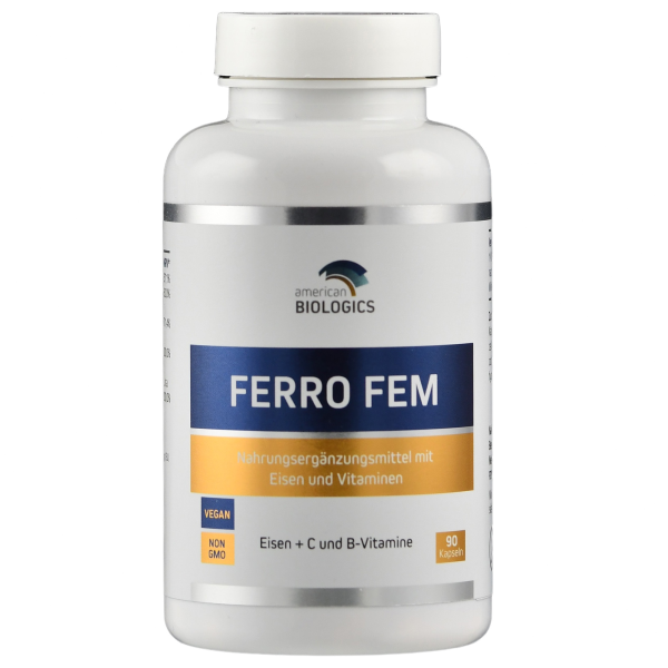 Produktfoto: Eine weiße Plastikflasche mit einem Etikett, auf dem “Ferro Fem“ steht. Es handelt sich um ein Nahrungsergänzungsmittel von American Biologics, das Eisen, Vitamin C und B-Vitamine enthält. Die Flasche hat eine Kapazität von 90 Kapseln und ist als vegan und gentechnikfrei gekennzeichnet.