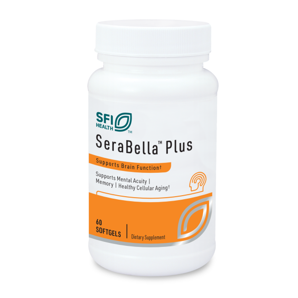 Produktfoto: Ein weißer Behälter mit der Aufschrift “SFI Health SeraBella Plus“. Der Behälter ist für Nahrungsergänzungsmittel und unterstützt die Gehirnfunktion. Enthält 60 Softgels. Auf dem Etikett steht “Supports Brain Function“, “Supports Mental Acuity“, “Memory“, “Healthy Cellular Aging“.