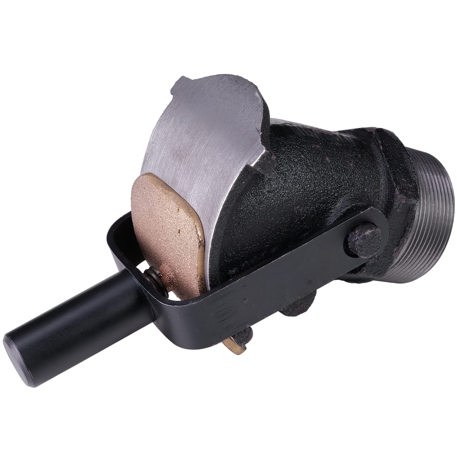 Ein Metallteil mit einem schwarzen Griff, einer goldenen Scheibe und einem silbernen, gebogenen Element. Es sieht industriell aus.