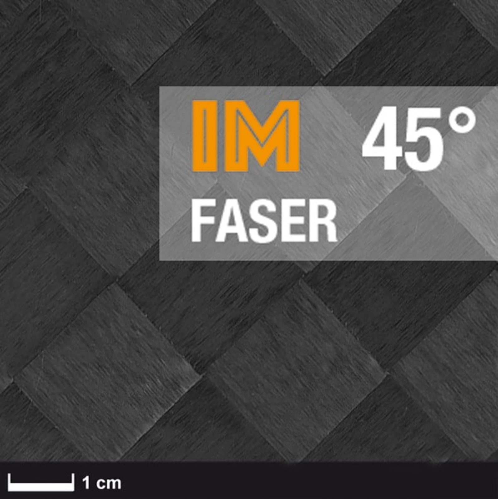 Das Bild zeigt eine Textur aus dunklen, quadratischen Kacheln mit der Aufschrift 'IM FASER 45°'. Ein Maßstab von 1 cm ist sichtbar.