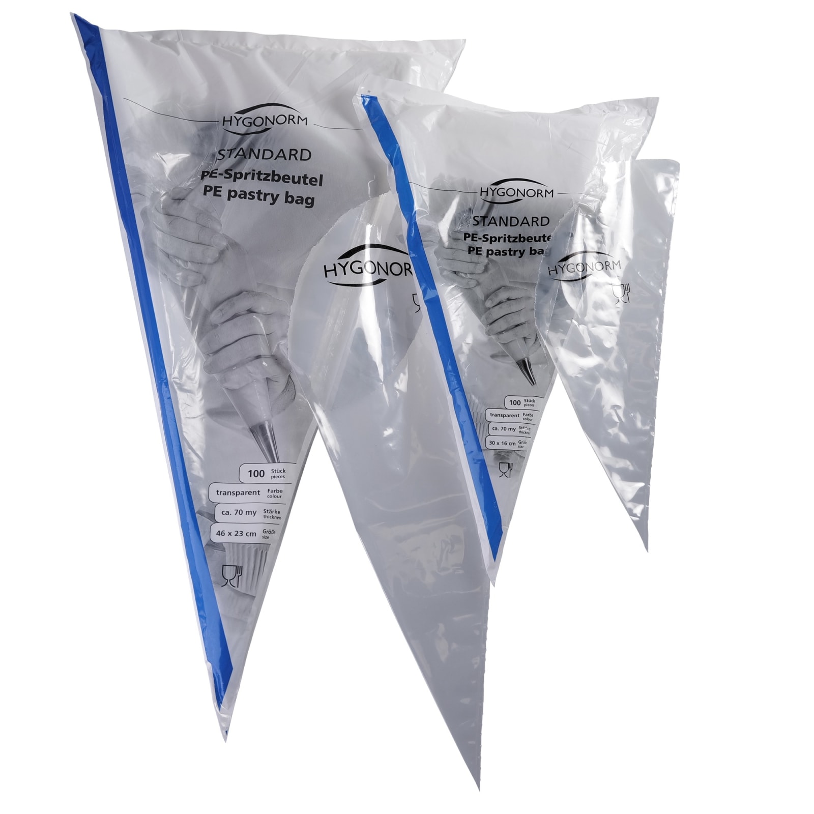 Drei Packungen mit Hygonorm PE-Spritzbeuteln in verschiedenen Größen, transparent mit blauer Naht.
