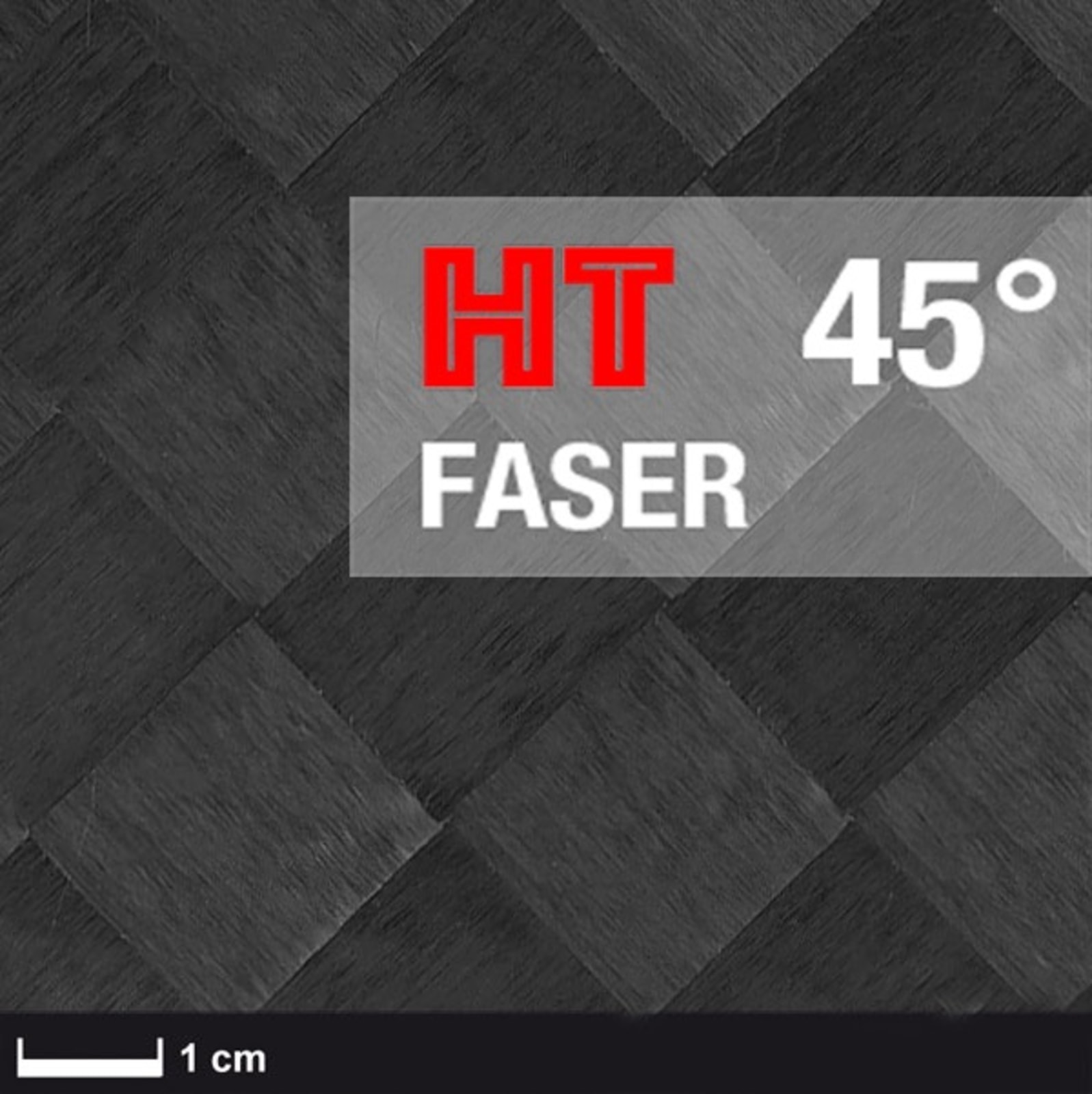 The image shows a close-up of a woven fiber pattern with a label overlay. The label reads 'HT 45° FASER' and there's a scale bar indicating 1 cm.