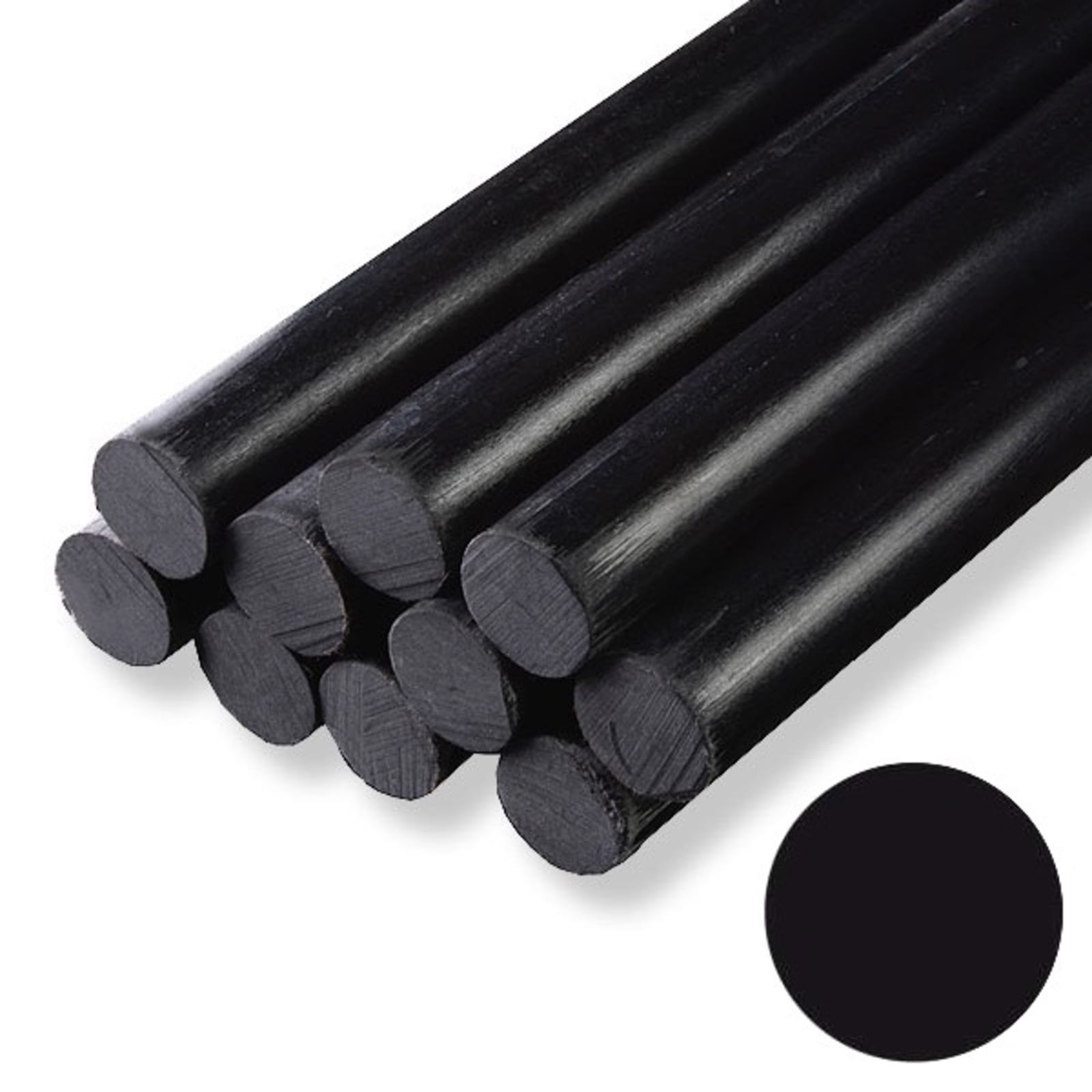 The image shows a collection of black cylindrical rods stacked together. There is also a black color swatch displayed in the corner.