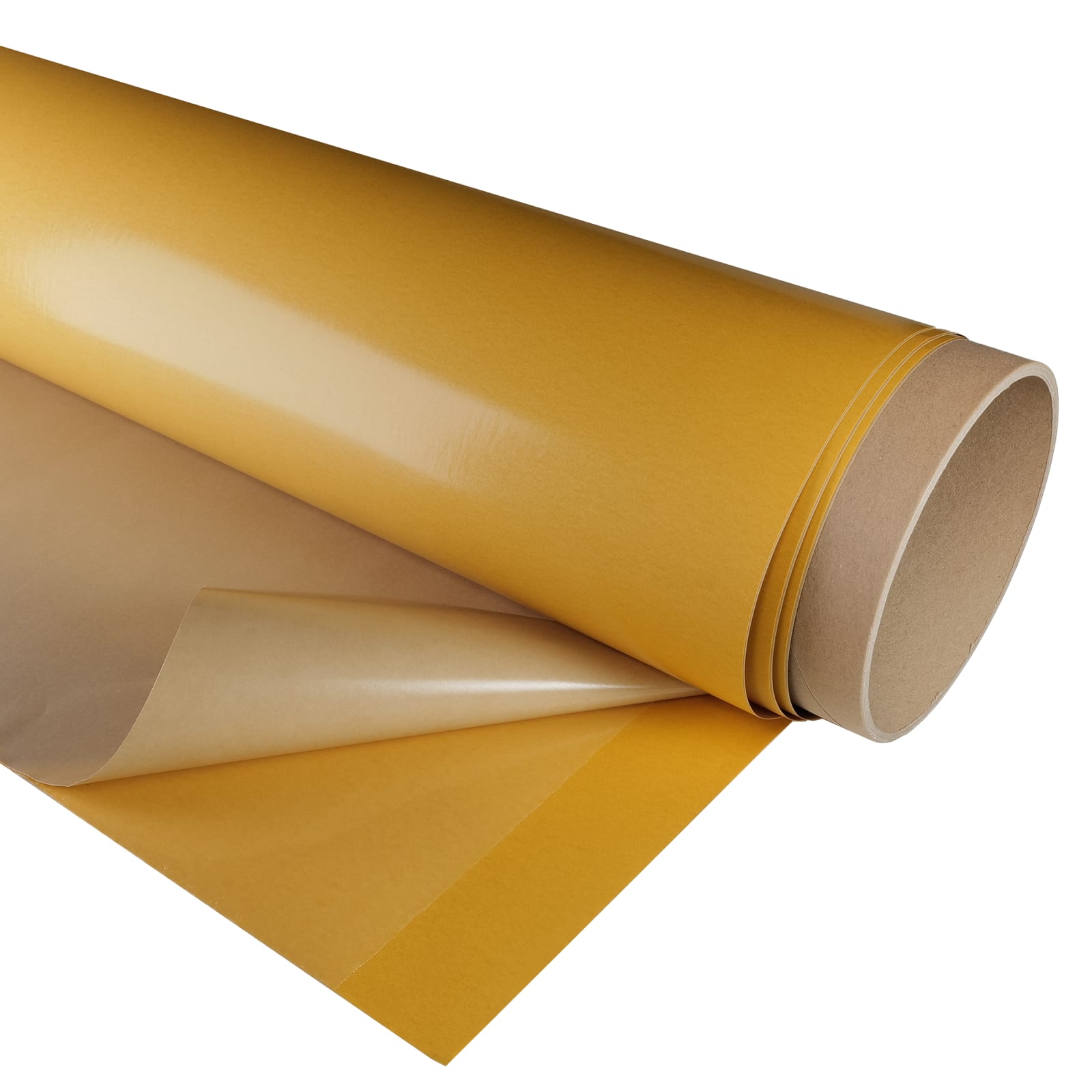 Eine Rolle gelbes, glänzendes Papier mit einer braunen Rückseite, teilweise abgewickelt.