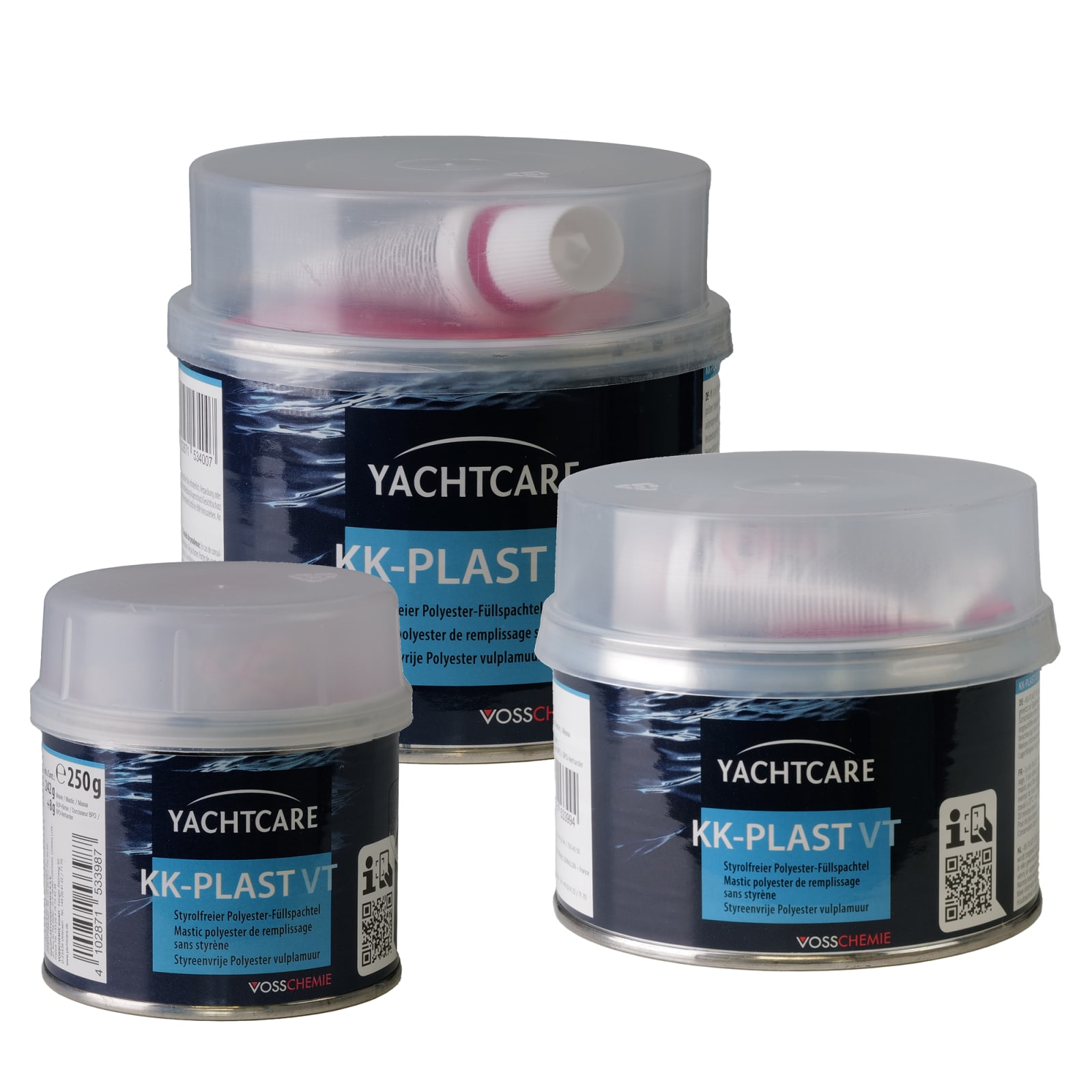 Drei Dosen Yachtcare KK-PLAST VT Polyester-Füllspachtel mit transparenten Deckeln und blauen Etiketten, die Produktinformationen anzeigen.