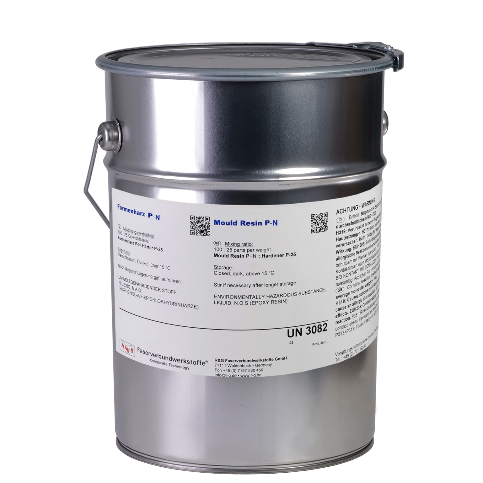 A silver metal container with a handle, labeled