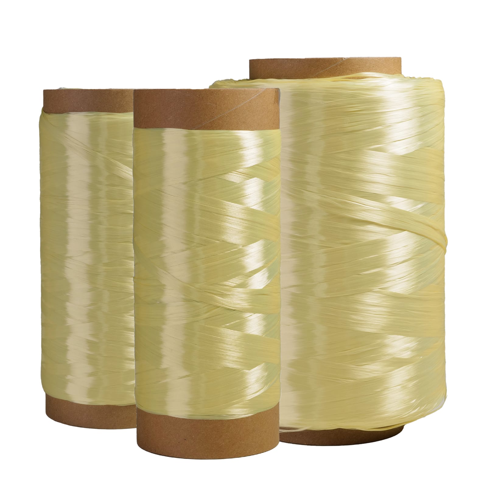Three large spools of yellow thread or fiber with a glossy texture, wrapped around cardboard cores, standing upright against a white background.