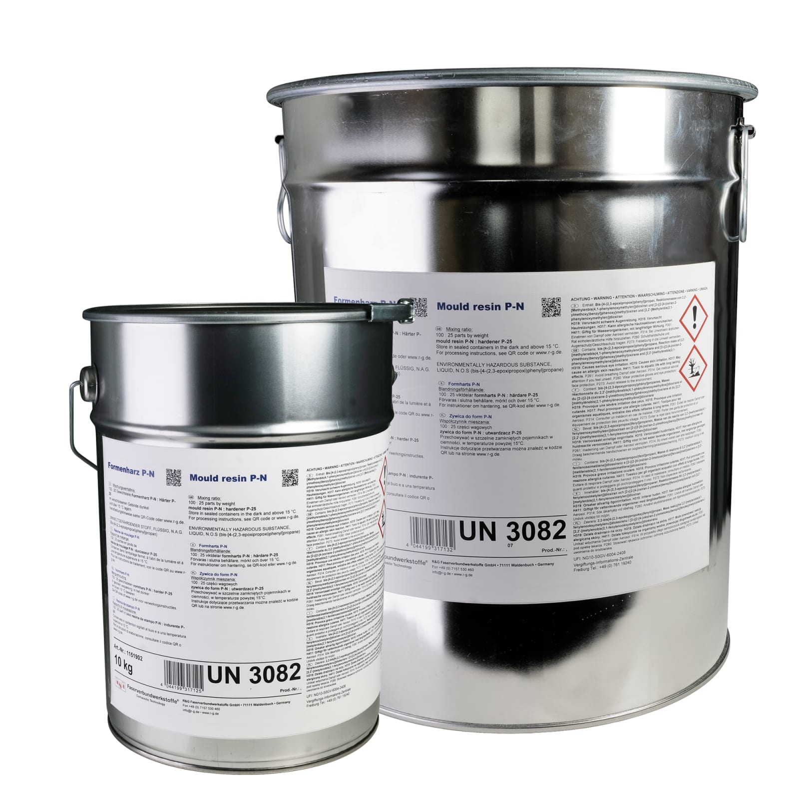 Zwei silberne Metallbehälter mit Etiketten, die 