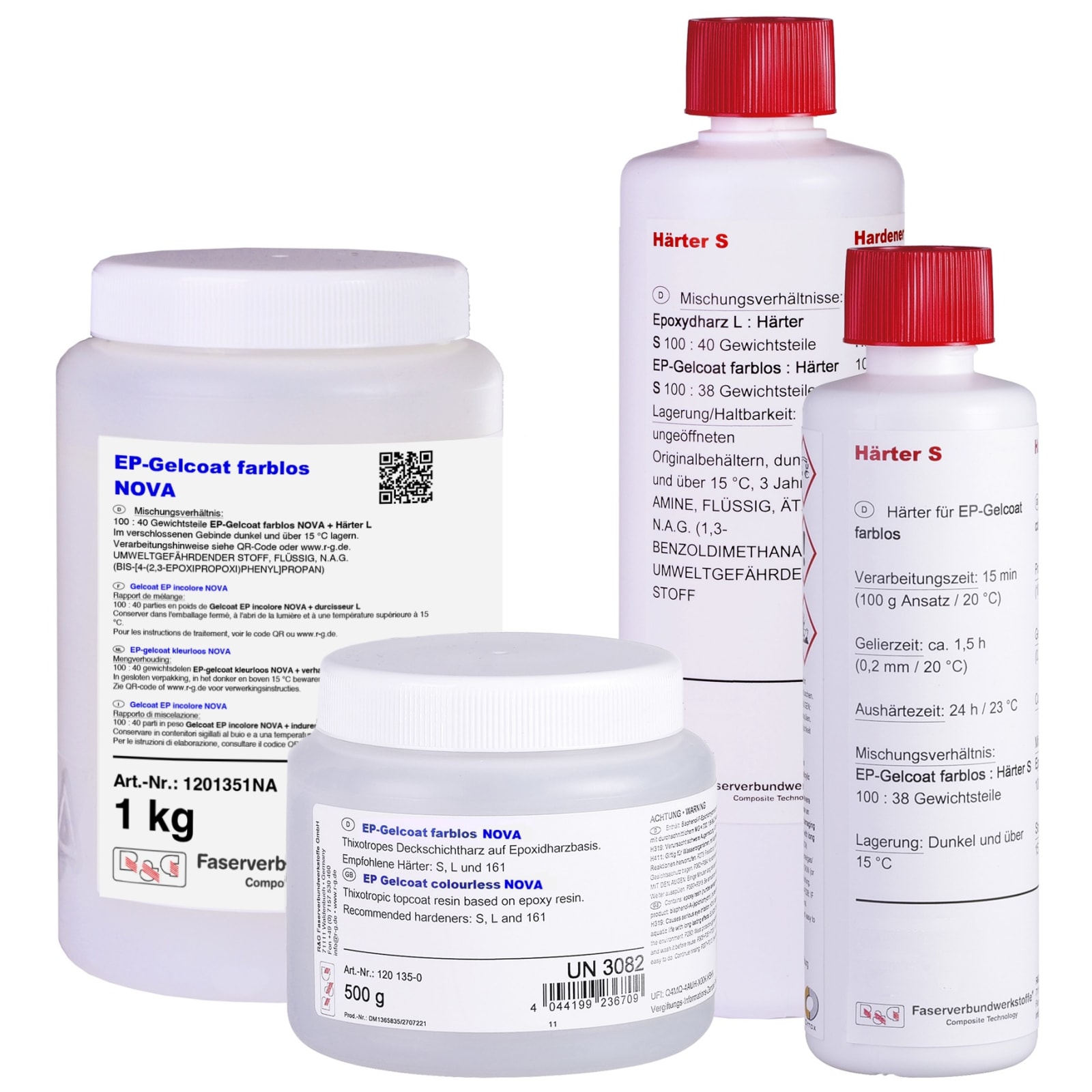 Das Bild zeigt vier Behälter mit chemischen Produkten, darunter EP-Gelcoat farblos NOVA und Härter S. Die Behälter haben weiße Etiketten mit blauer und roter Schrift. Sie sind für die Verwendung mit Epoxidharzen vorgesehen.