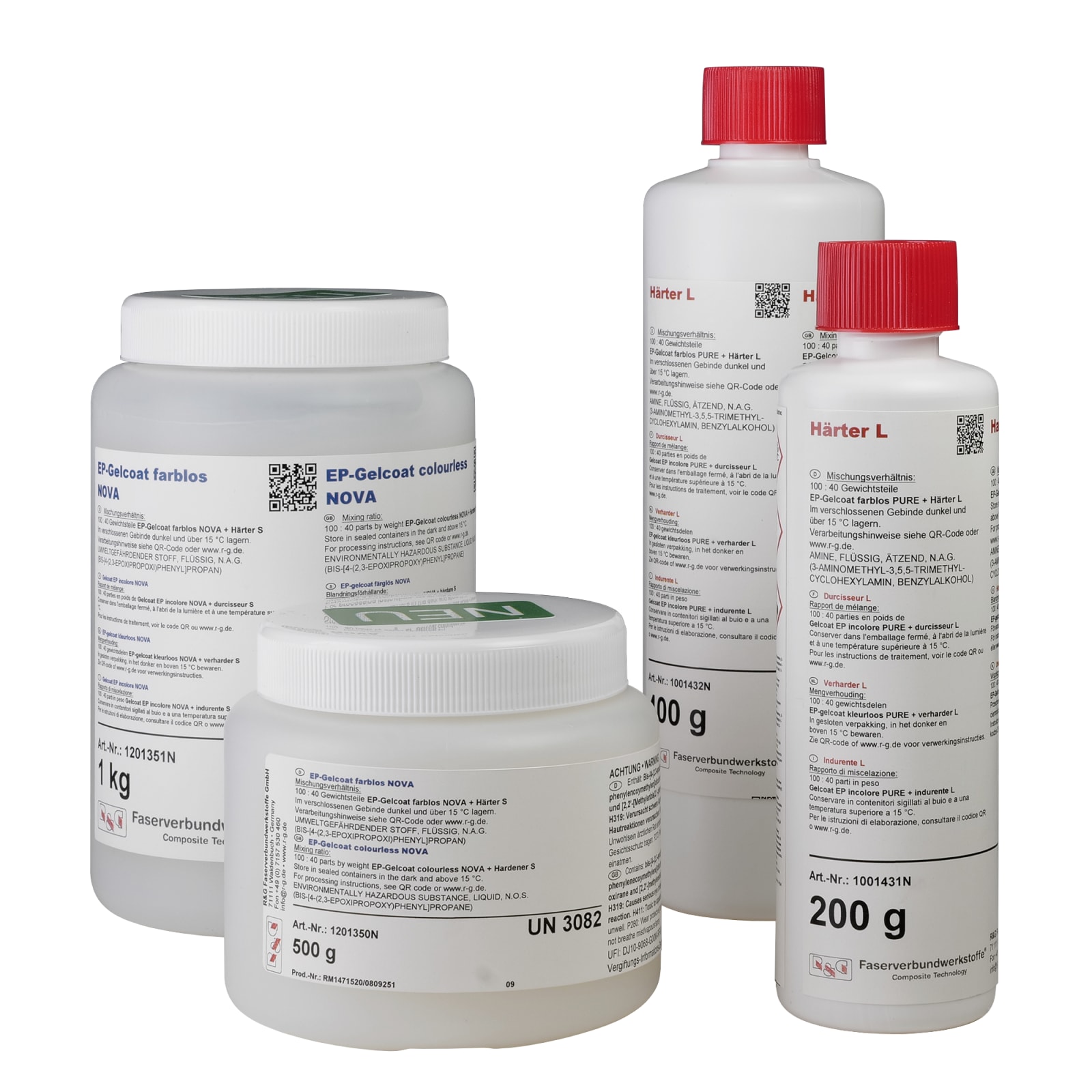The image shows four containers of chemical products labeled EP-Gelcoat and Hardener L. They have white and red caps and detailed labels.
