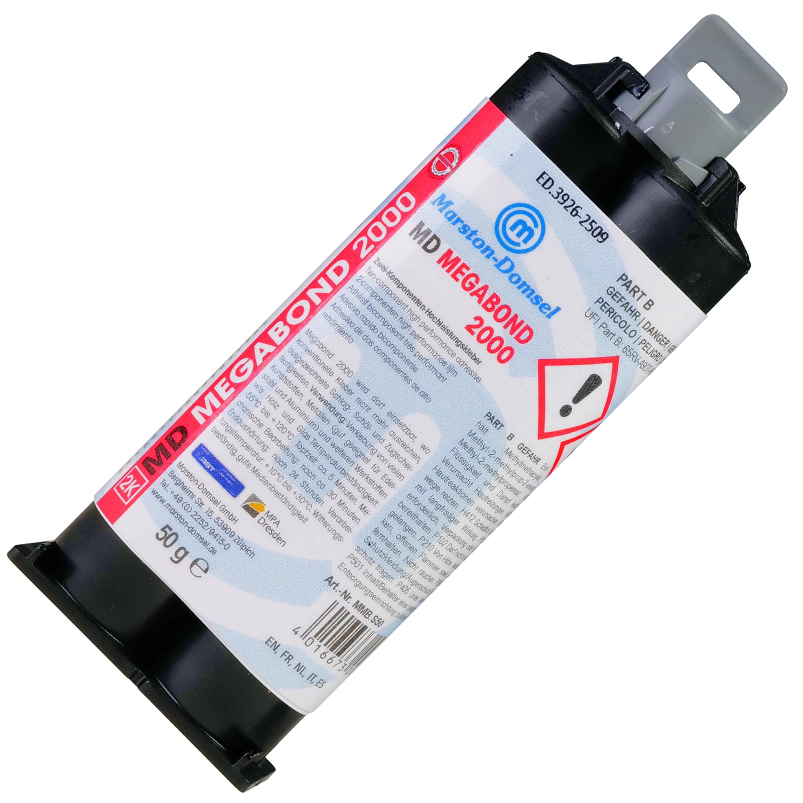 A blue and gray dosing gun with a cartridge, used for precise application of substances. Instruction text in German and English.