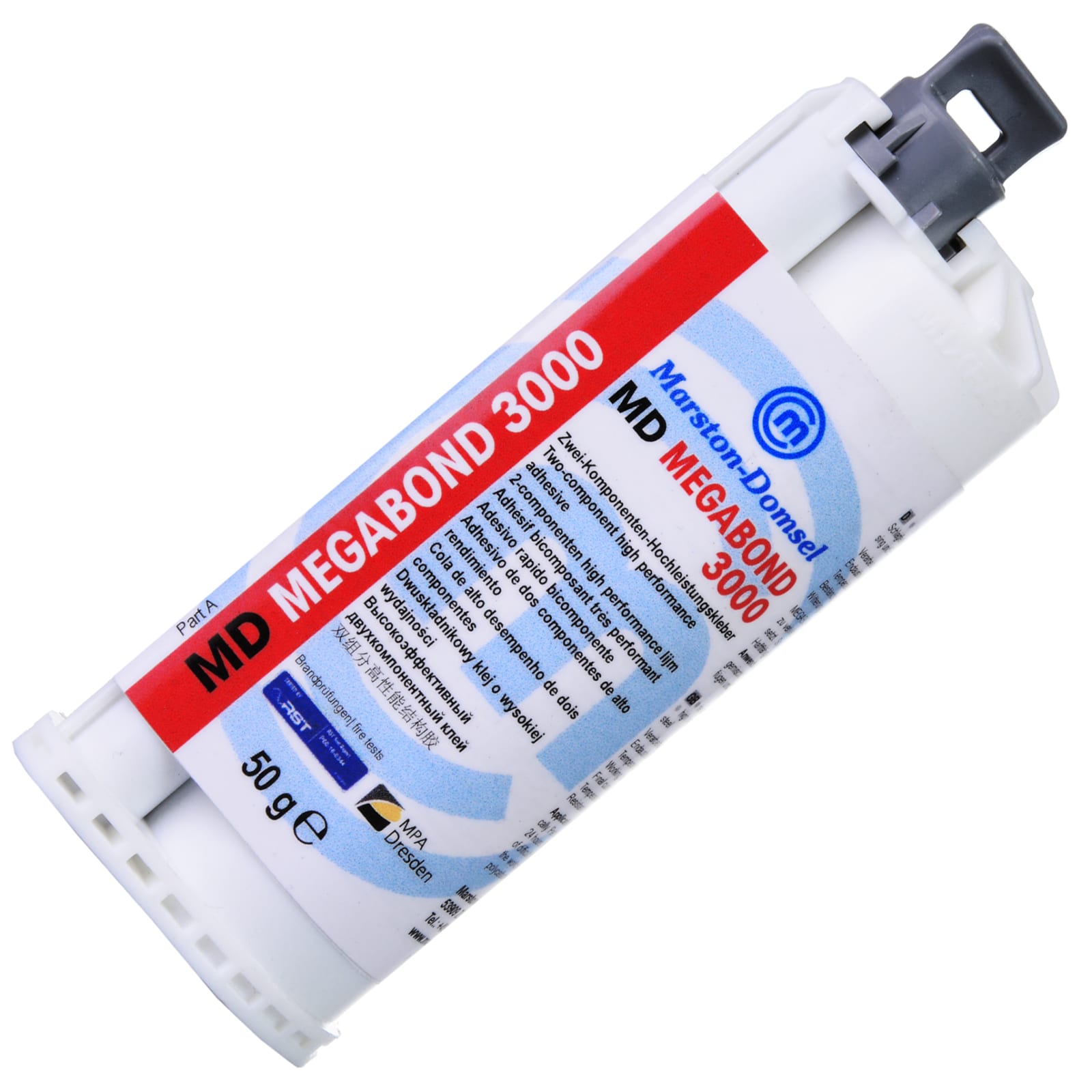 Das Bild zeigt eine Dosierpistole mit einer Kartusche, die einen rosa Auslauf hat. Die Pistole hat einen blauen Griff.