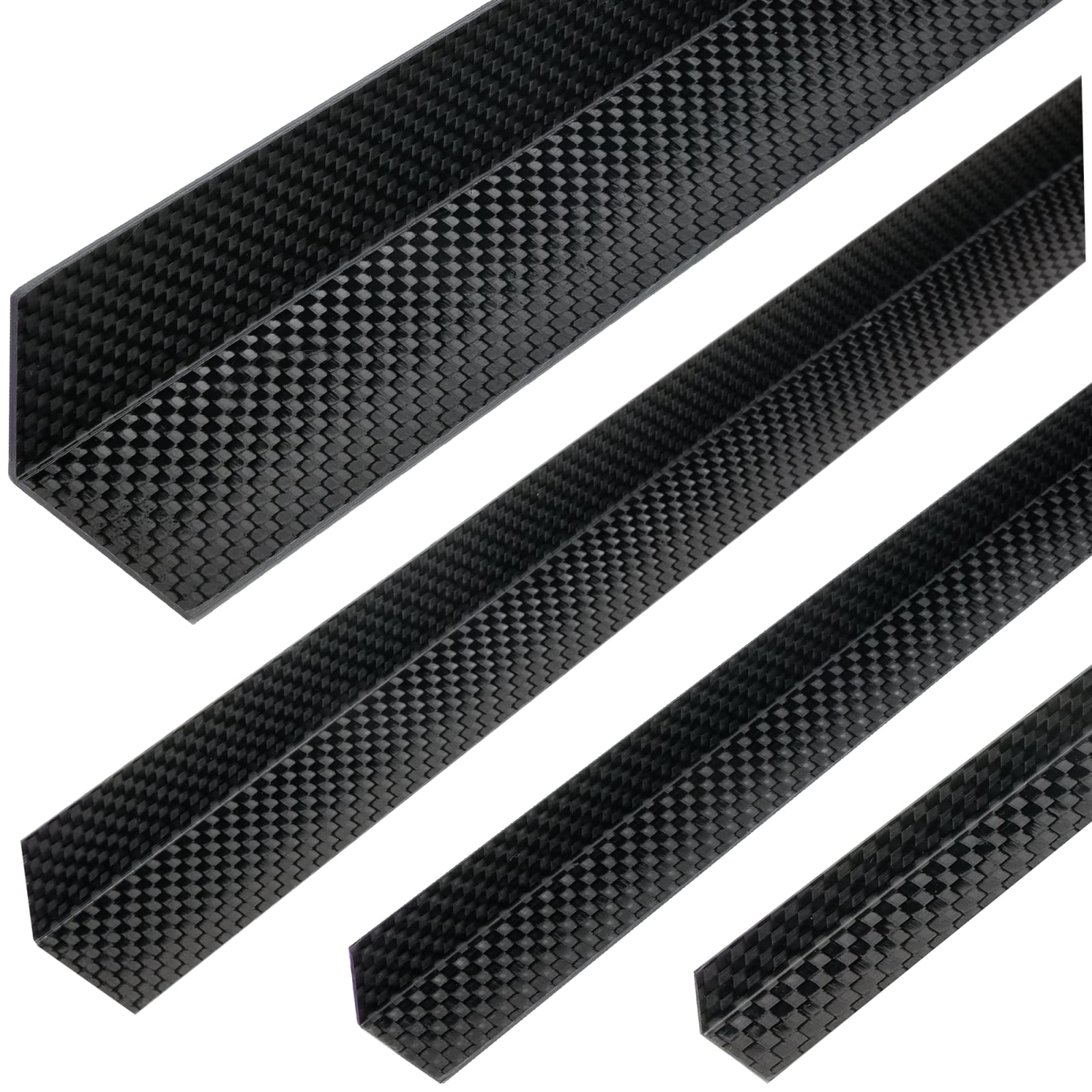 Vier Kohlefaser-Winkelprofile in verschiedenen Größen: 10x10 mm, 15x15 mm und 20x20 mm. Text: 