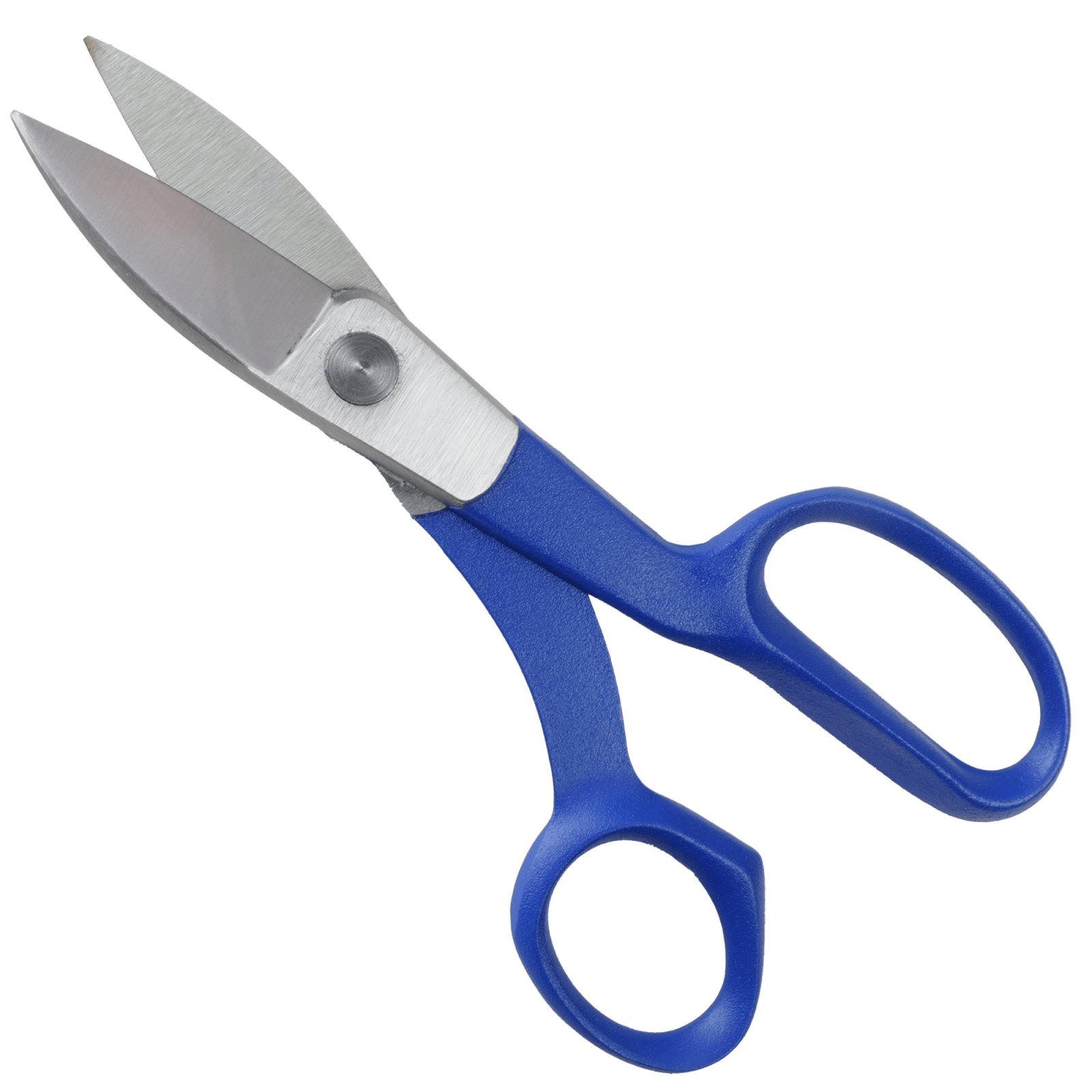 A pair of scissors with blue handles and metal blades on a white background.