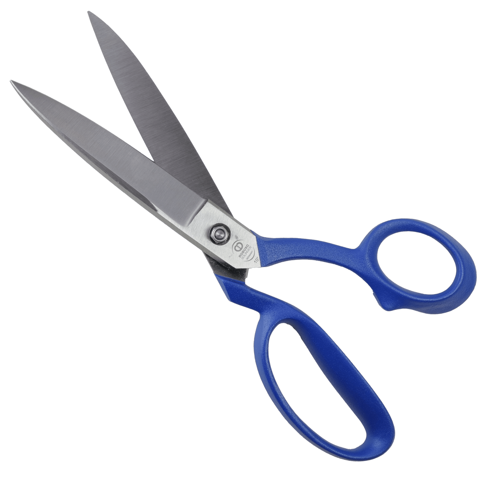 A gloved hand is using blue-handled scissors to cut through a layered material of different colors and textures.