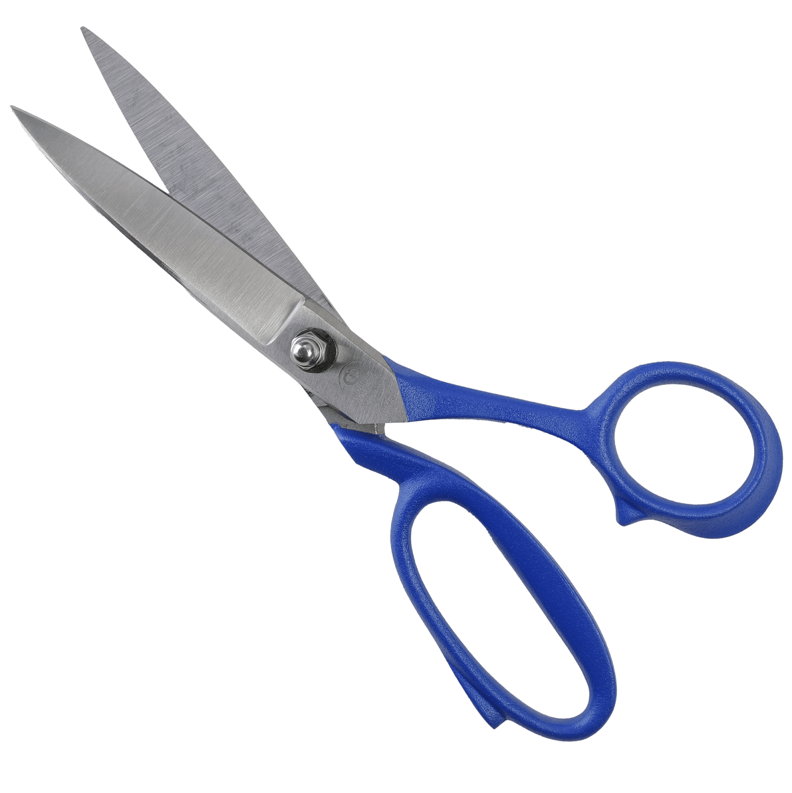 Eine Schere mit blauen Griffen und silbernen Klingen. Die Schere ist geöffnet und zeigt ihre scharfen Klingen.