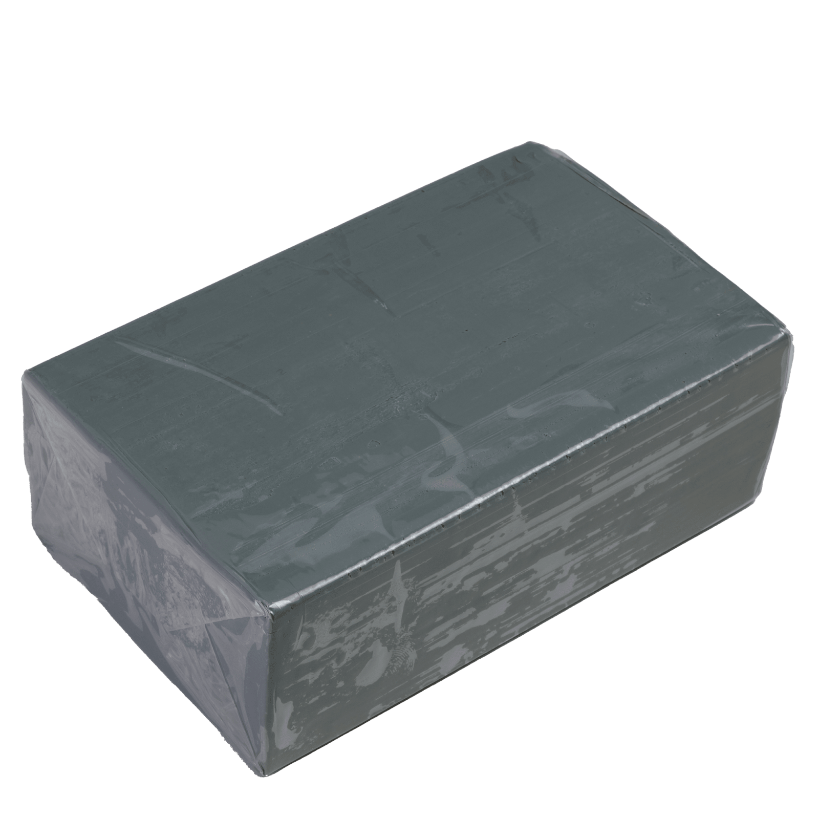 A rectangular, solid block wrapped in gray duct tape, placed on a white surface. The tape is shiny and smooth, with visible seams.