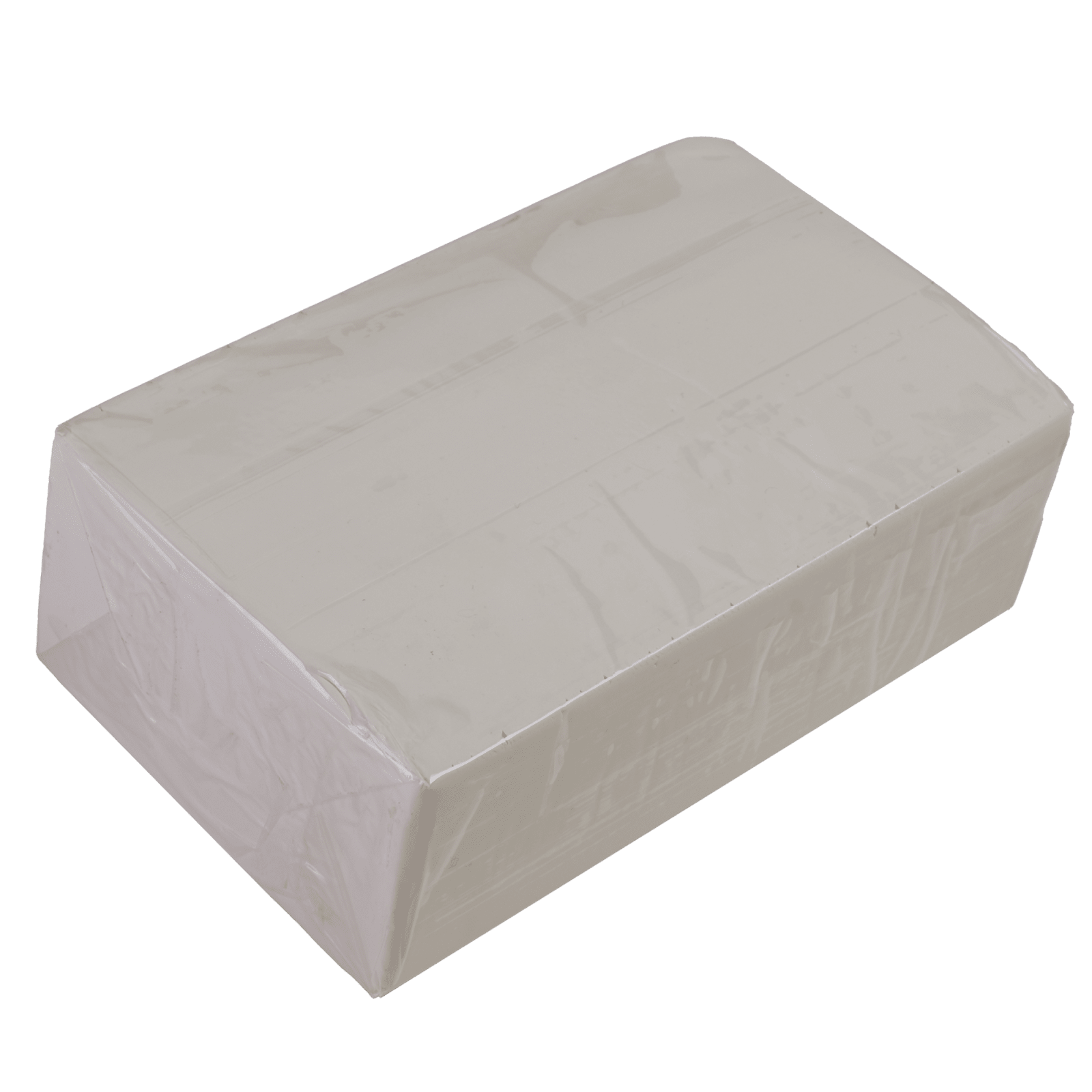 A rectangular block wrapped in clear plastic. The surface is smooth and the color is off-white. The block appears solid.