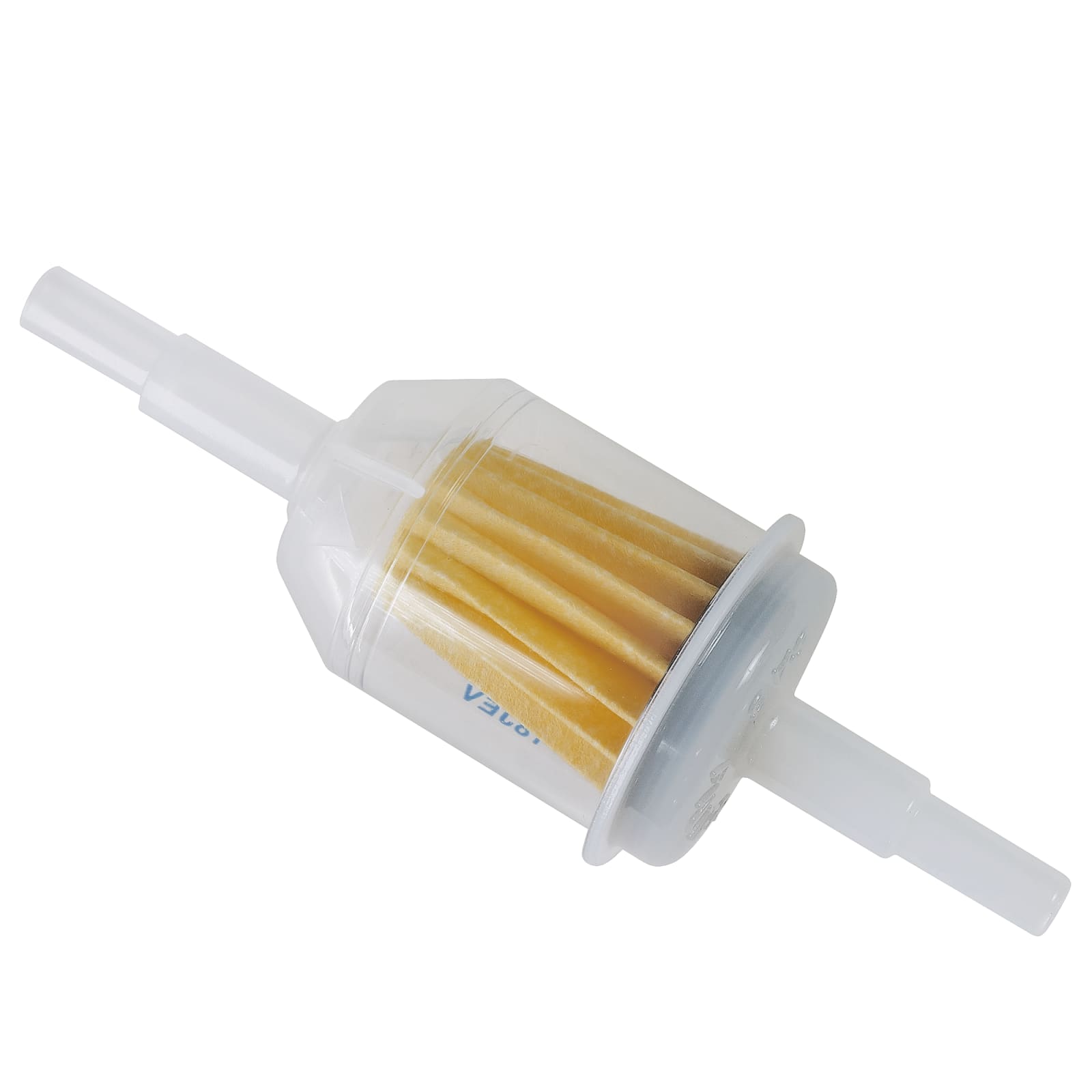 The image shows a small, transparent plastic fuel filter with a visible yellow filter element inside. It is cylindrical and has two nozzles on either end for fuel flow. The words 'ALCO' and 'FUEL FILTER' are printed on the filter.