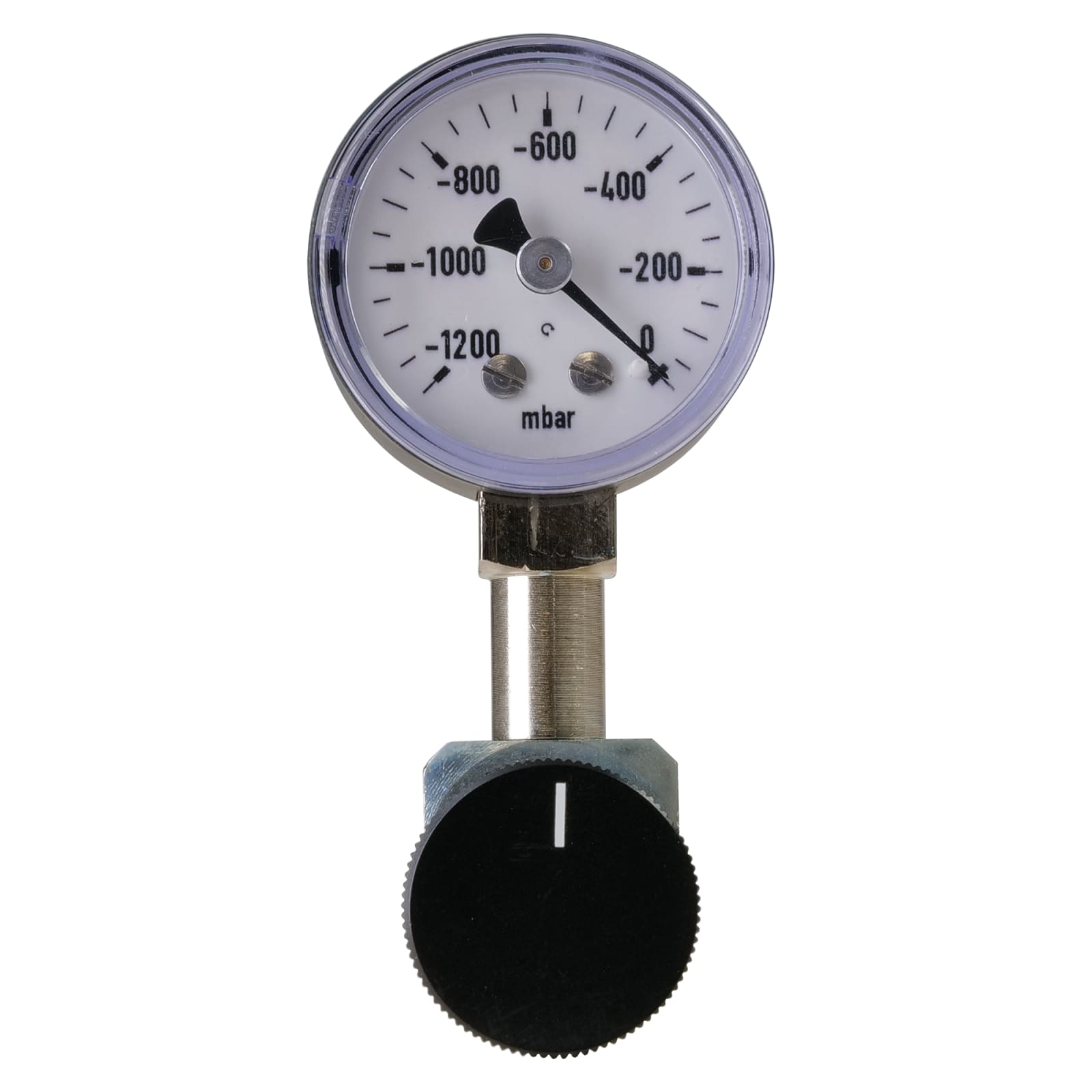 A vacuum gauge with labeled parts: vacuum gauge, fine adjustment valve, and hose nipple.