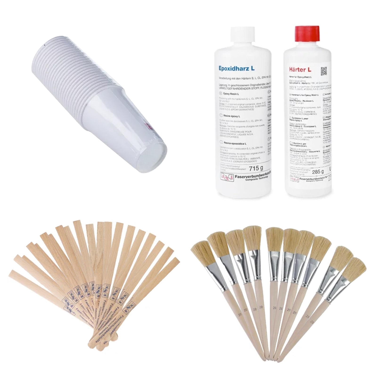 The image shows 1 × Epoxy Resin L + Hardener L (40 min), pack, 1 kg, 25 × Paper mixing cups, 300 ml , 20 × Wooden mixing sticks (250 × 15 × 3 mm) and 10 × Laminating brushes, 20 mm 