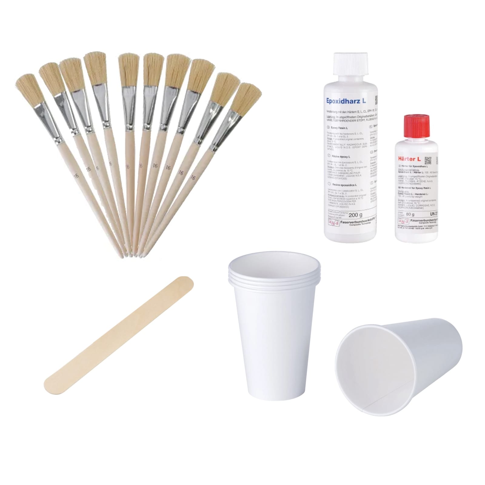 The image shows 1 × Epoxy Resin L + Hardener L (40 min), pack, 280 g, 5 × Paper mixing cups, 300 ml , 1 × Wooden spatula (150 × 18 × 1.5 mm) and 10 × Laminating brushes, 16 mm
