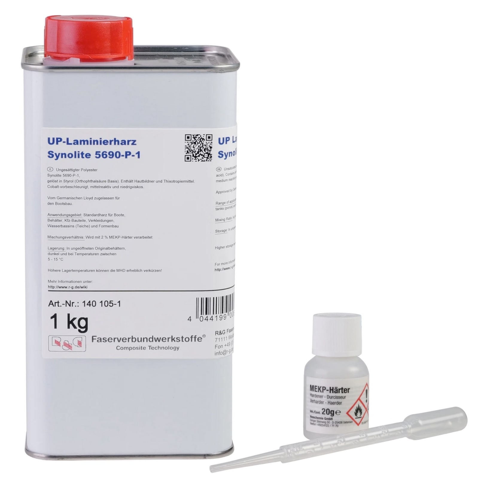 Das Bild zeigt eine Dose UP-Laminierharz Synolite 5690-P-1 mit einem roten Verschluss und ein kleines Fläschchen MEKP-Härter daneben.
