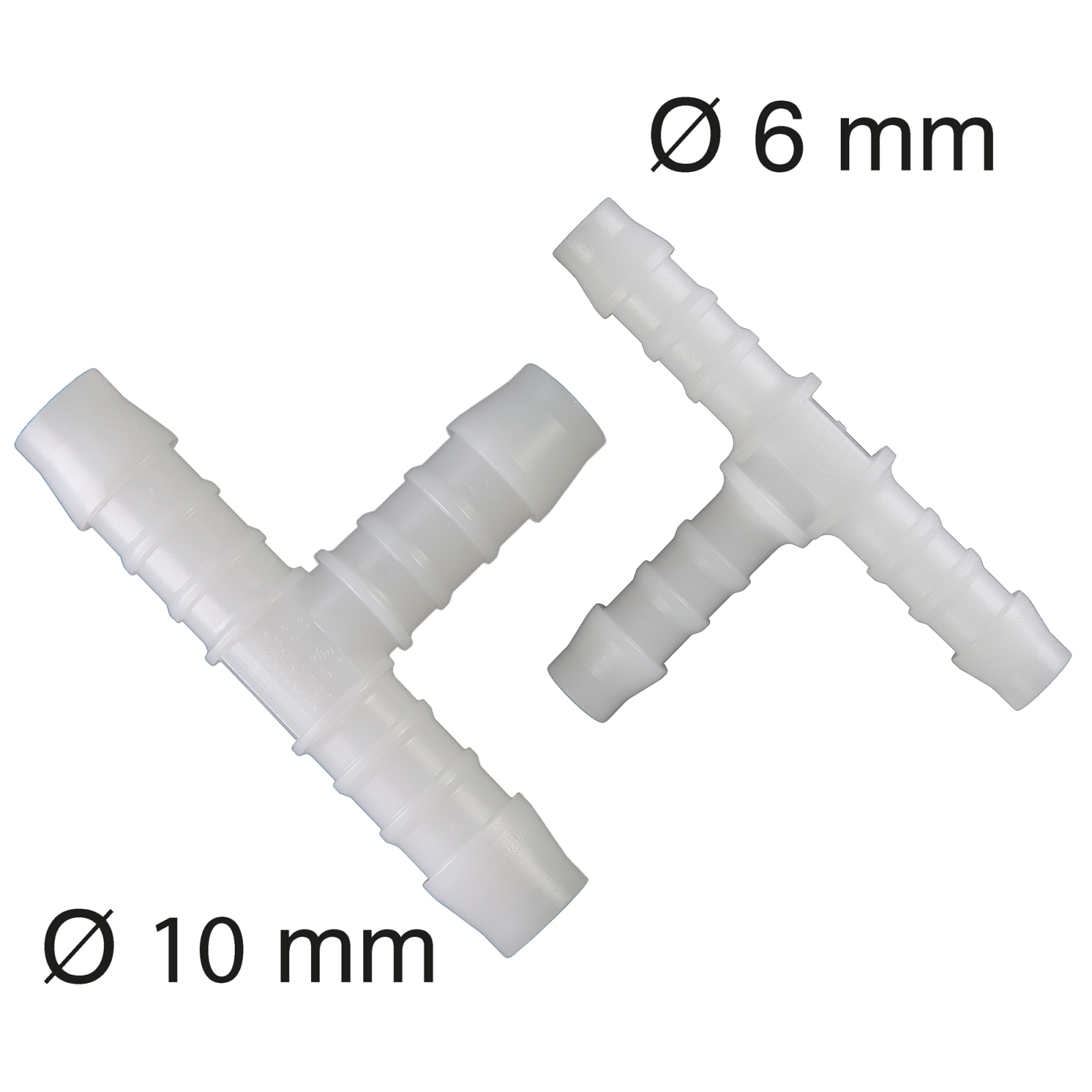 The image shows two white plastic T-shaped connectors with ribbed edges. One is labeled with a diameter of 10 mm, the other with 6 mm.