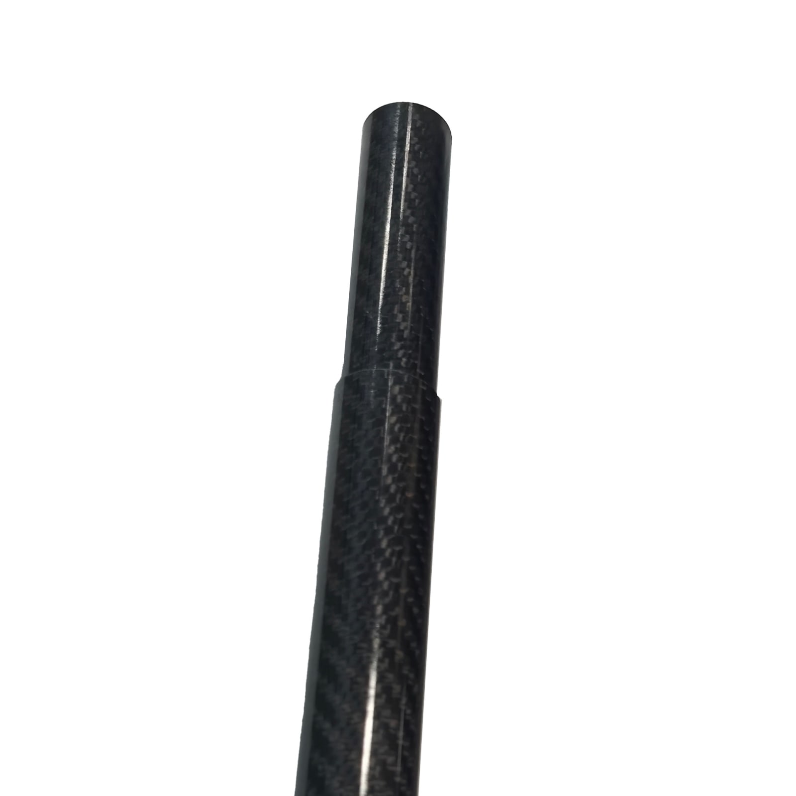 Close-up of a black two-piece carbon fiber tube against a white background.