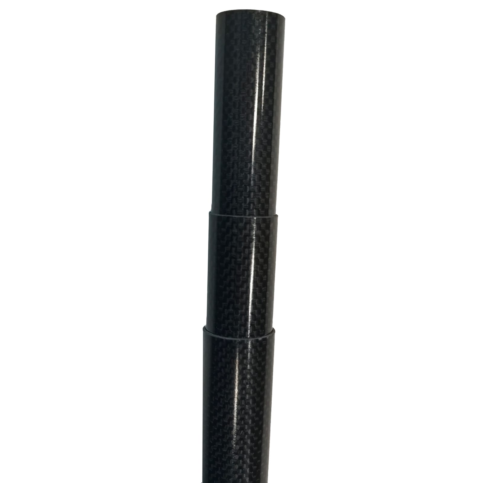 A close-up of a black telescopic rod with a carbon fiber pattern. It is extended with three visible segments.