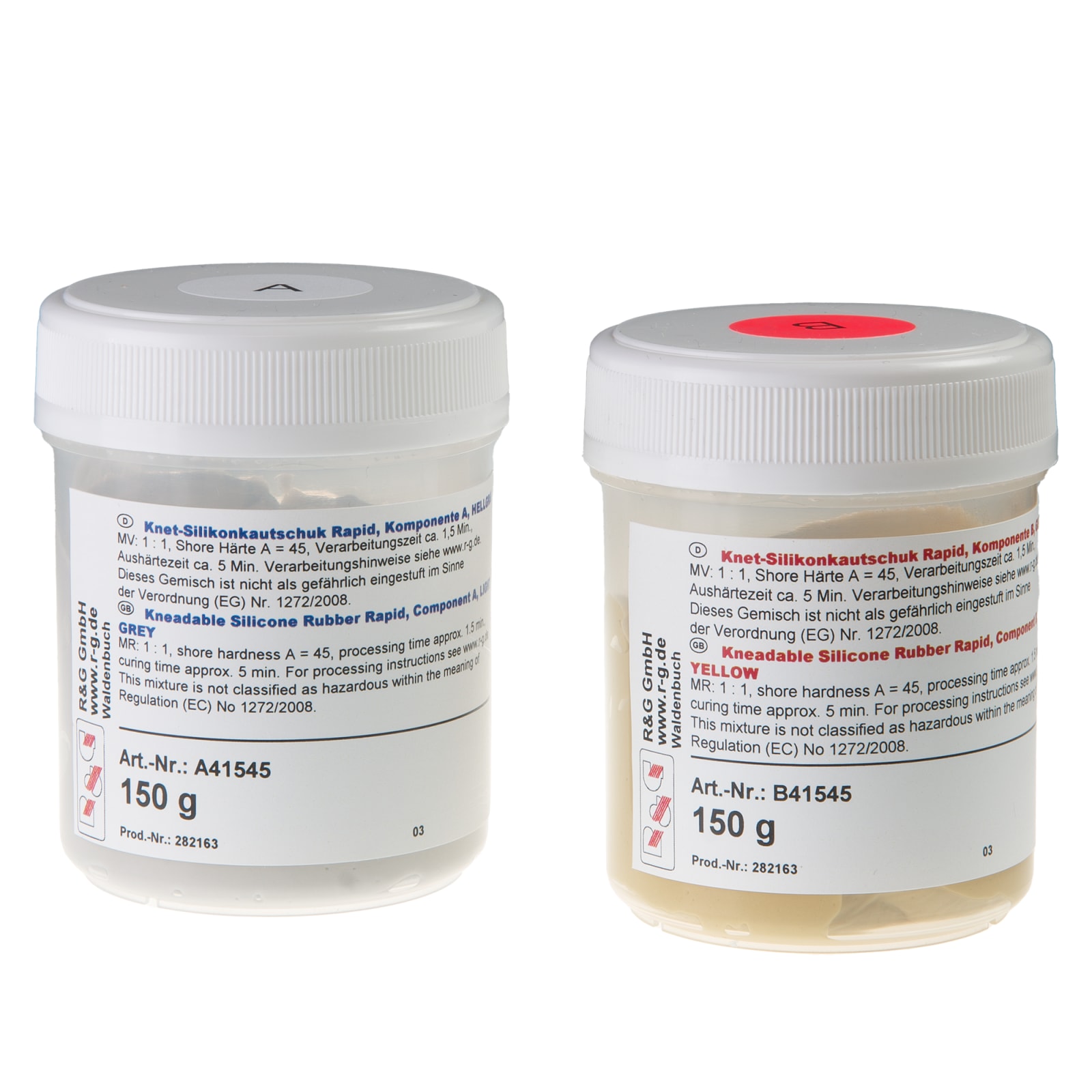 Zwei Plastikdosen mit Etiketten, die Knet-Silikonkautschuk beschreiben. Eine Dose ist grau, die andere gelb. Beide haben 150 g Inhalt.