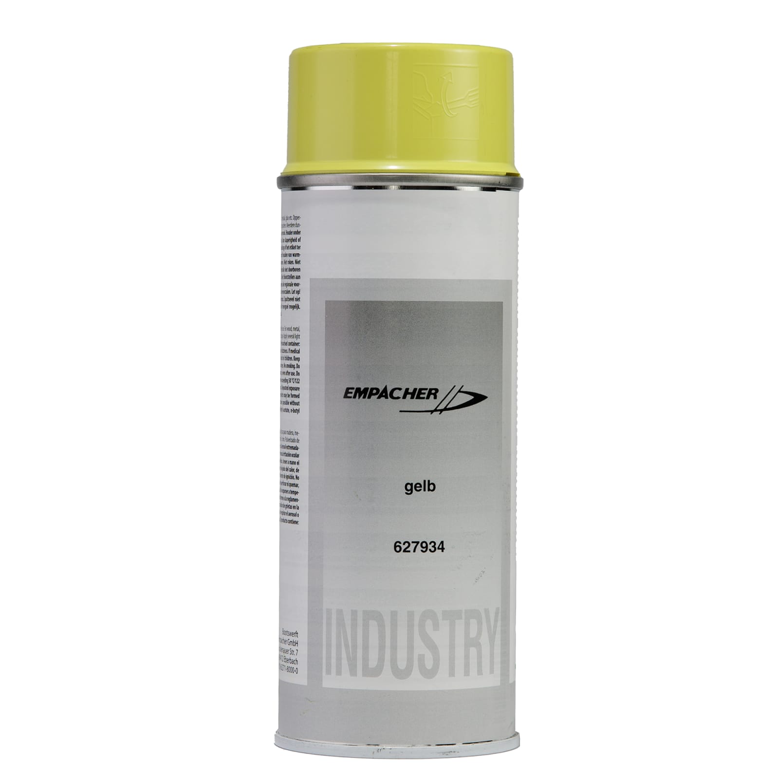 A yellow spray paint can with a label showing the brand 