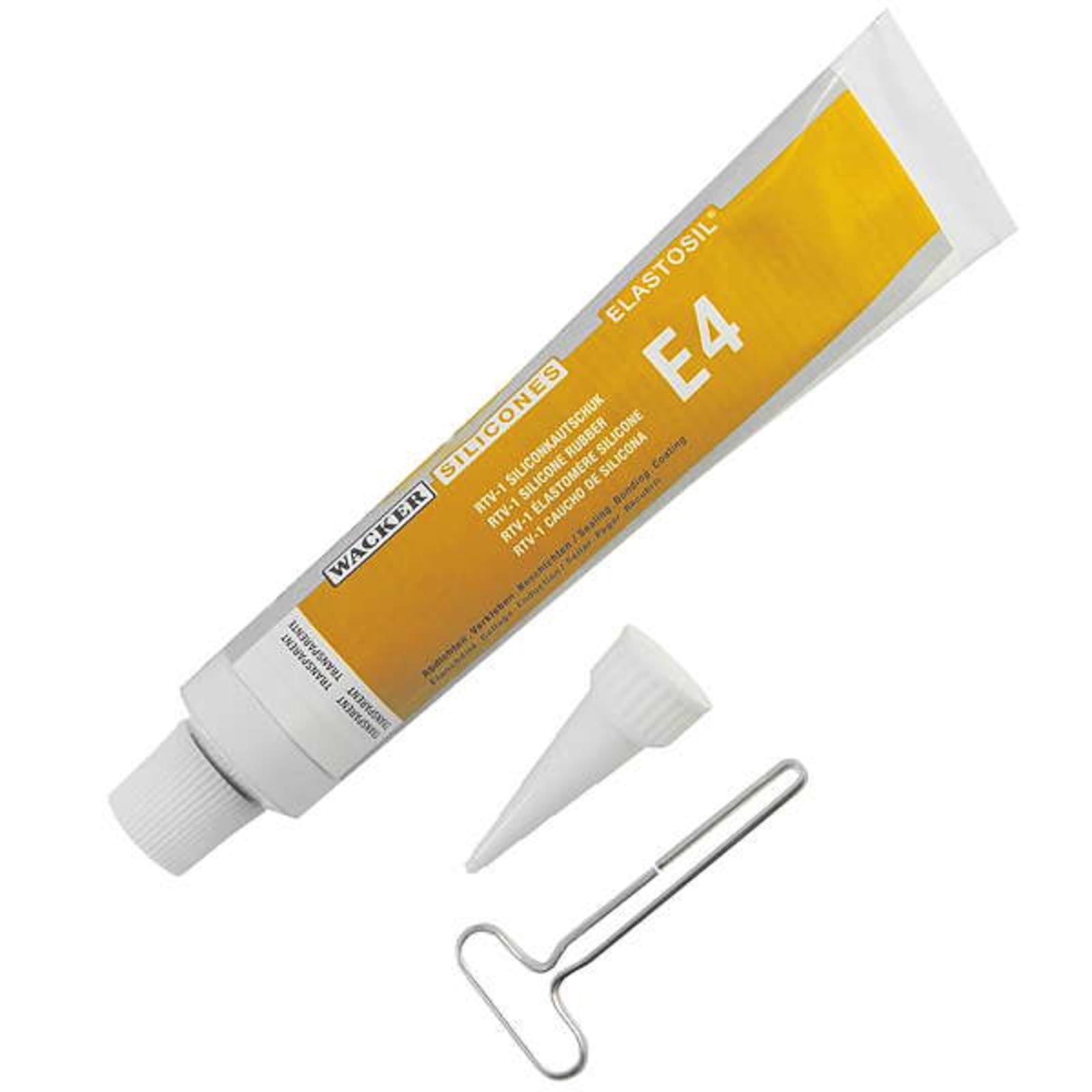 A tube of Wacker Elastosil E4 silicone sealant with a yellow label, a white nozzle, and a metal key for squeezing the tube.