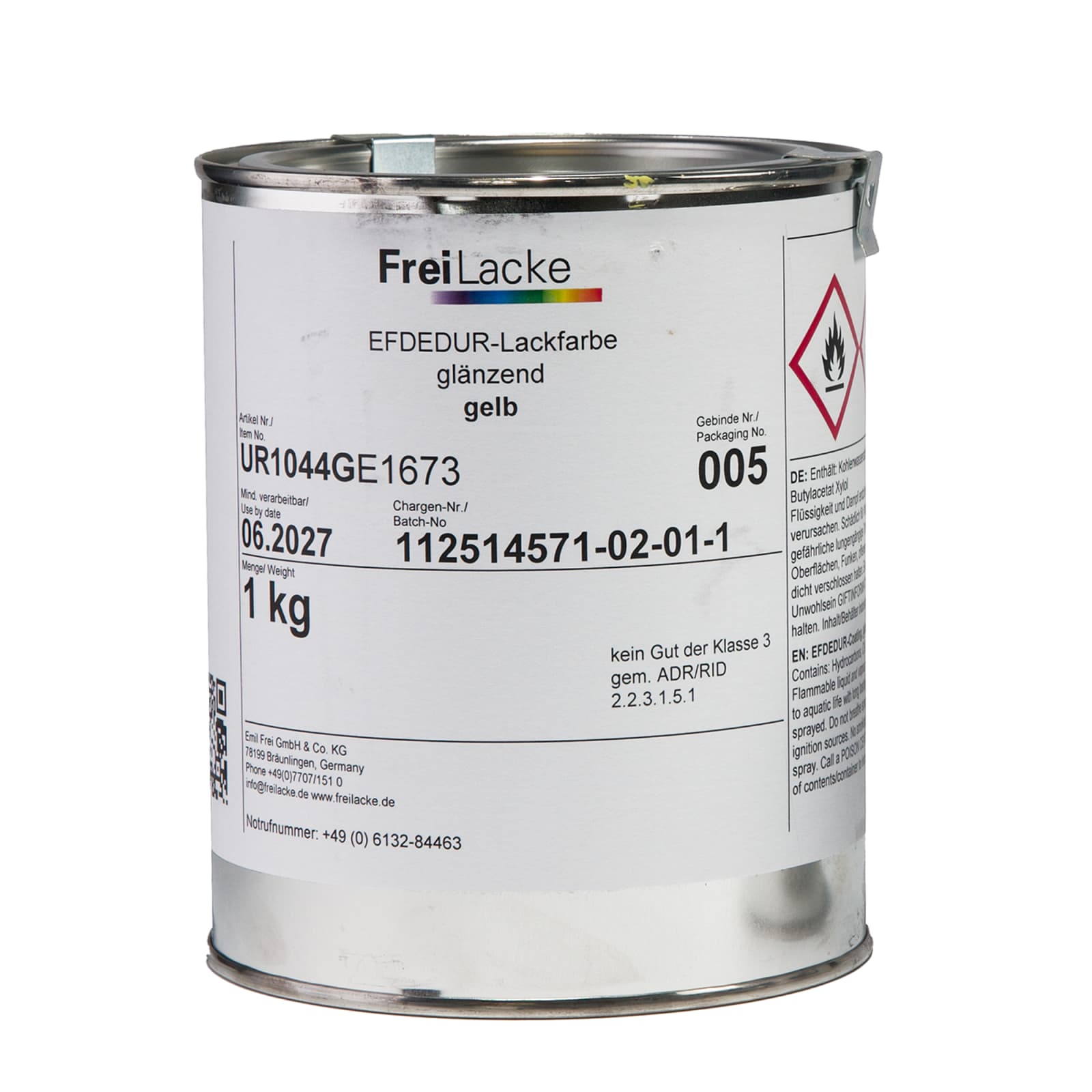 Eine Dose mit der Aufschrift 'FreiLacke EFDEDUR-Lackfarbe glänzend gelb'. Sie hat ein Gewicht von 1 kg und ein Gefahrensymbol.