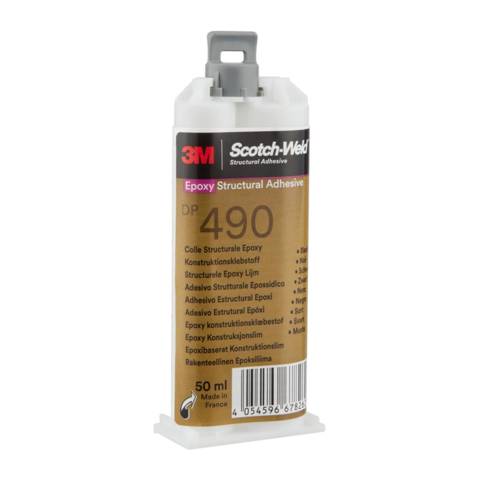 Eine 50 ml Kartusche mit 3M Scotch-Weld DP 490 Epoxid-Konstruktionsklebstoff. Das Etikett ist mehrsprachig und zeigt einen Barcode.
