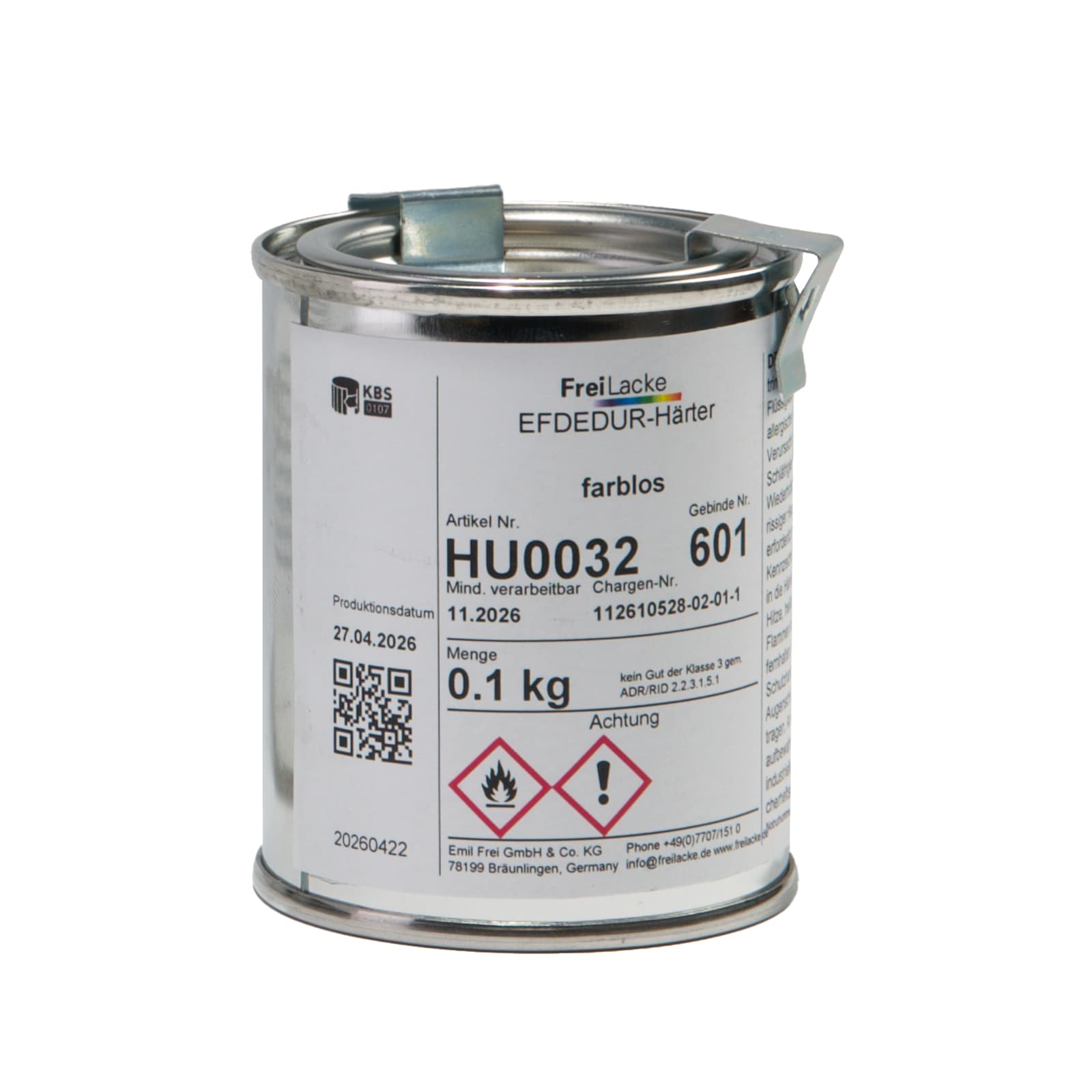 Eine Dose mit der Aufschrift 'FreiLacke EFDEDUR-Härter'. Sie ist farblos und enthält 0,1 kg. Warnsymbole sind sichtbar.