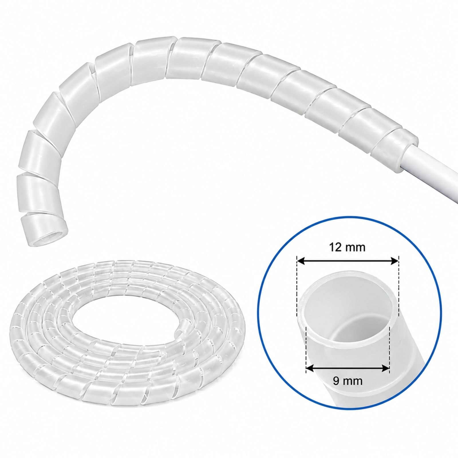 A white spiral hose. Next to it is a coiled spiral hose and a detailed view with dimensions.