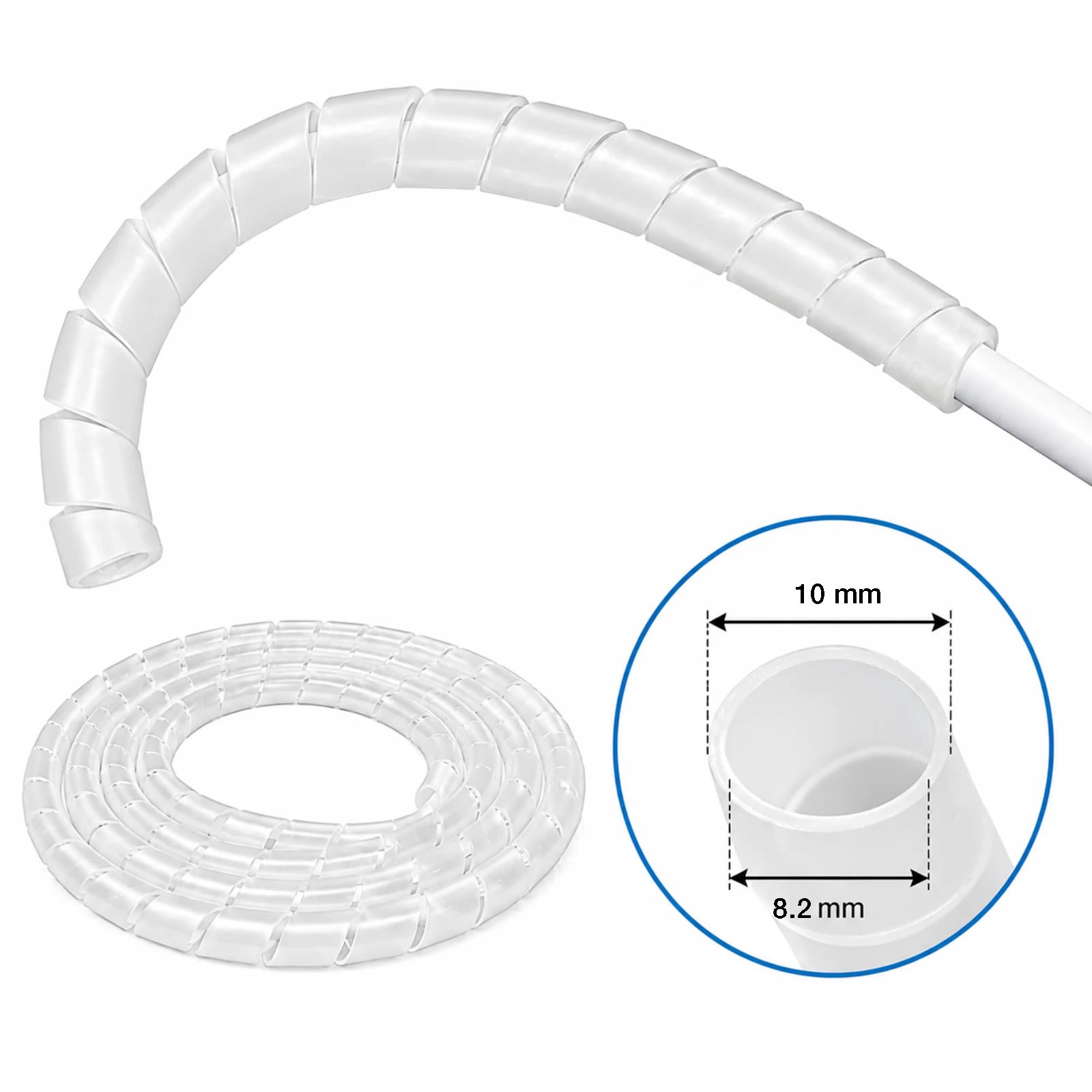 Das Bild zeigt einen weißen Kabelspiralschlauch. Er ist flexibel und wird zur Bündelung von Kabeln verwendet. Ein kreisförmiger Ausschnitt zeigt die Maße 10 mm und 8,2 mm.