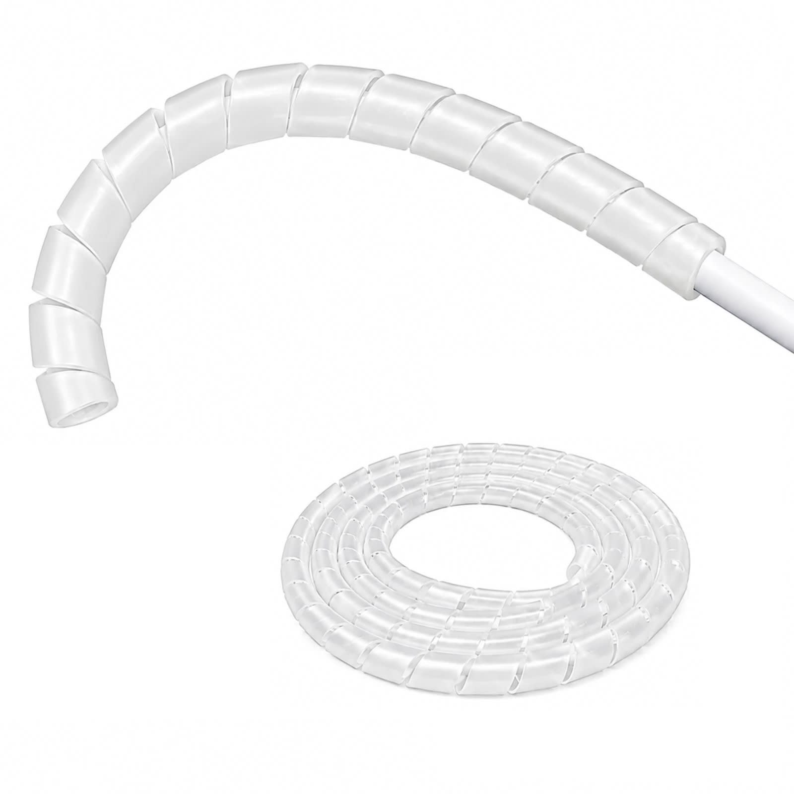 A white spiral hose. Next to it is a coiled spiral hose and a detailed view from the hose.