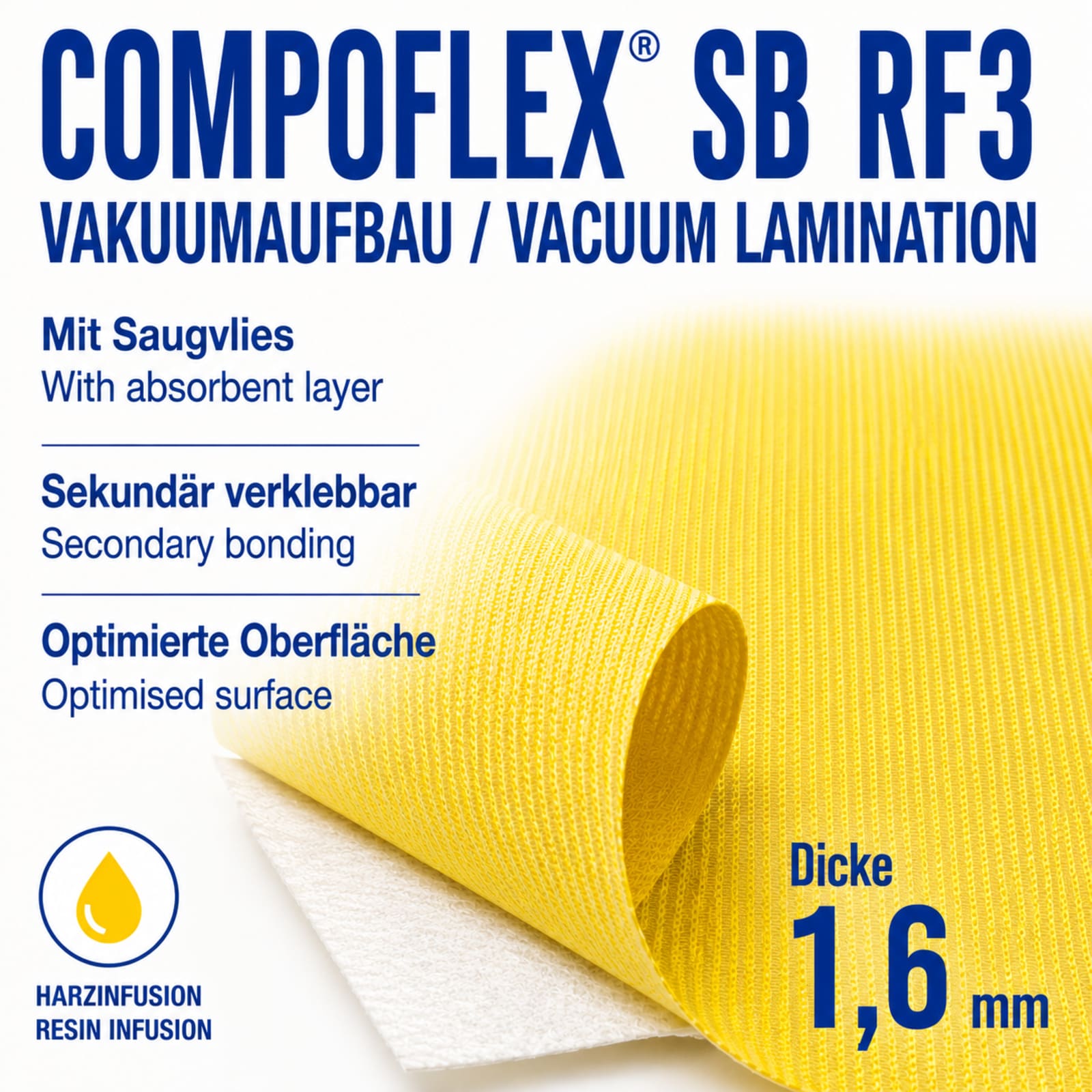 Das Bild zeigt ein gelbes, texturiertes Material mit einer umgeklappten Ecke. Ein Maßstab von 5 cm ist sichtbar.