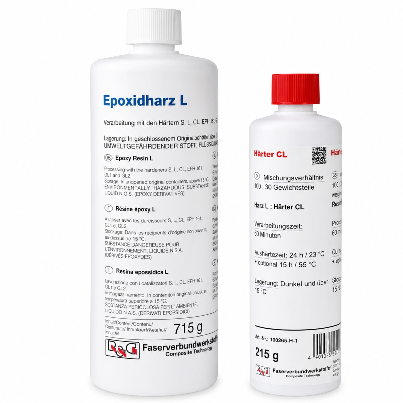 Two bottles: one labeled 'Epoxidharz L' with white cap, the other 'Härter L' with red cap. Both have detailed text labels.