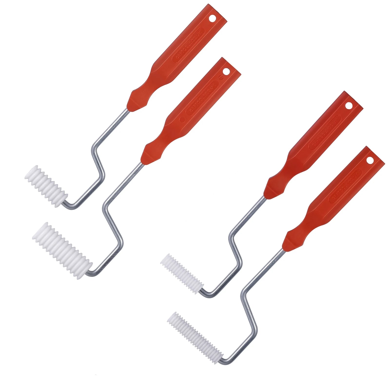 A red-handled tool with a metal rod and a white ridged roller at the end. Dimensions and product number are displayed.