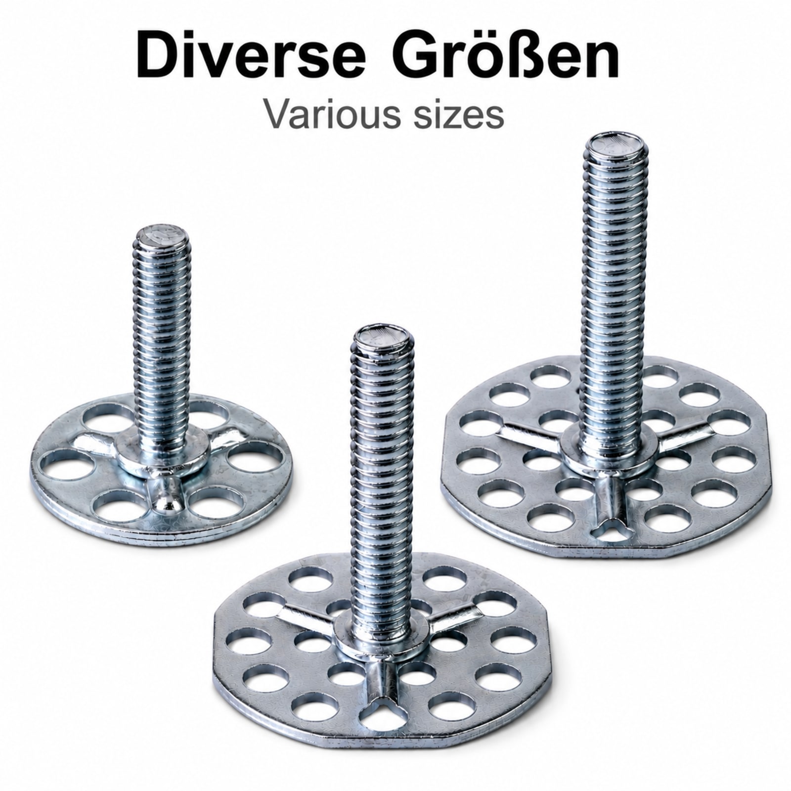 Das Bild zeigt drei unterschiedlich große, metallische Schrauben mit runden, gelochten Basisplatten.