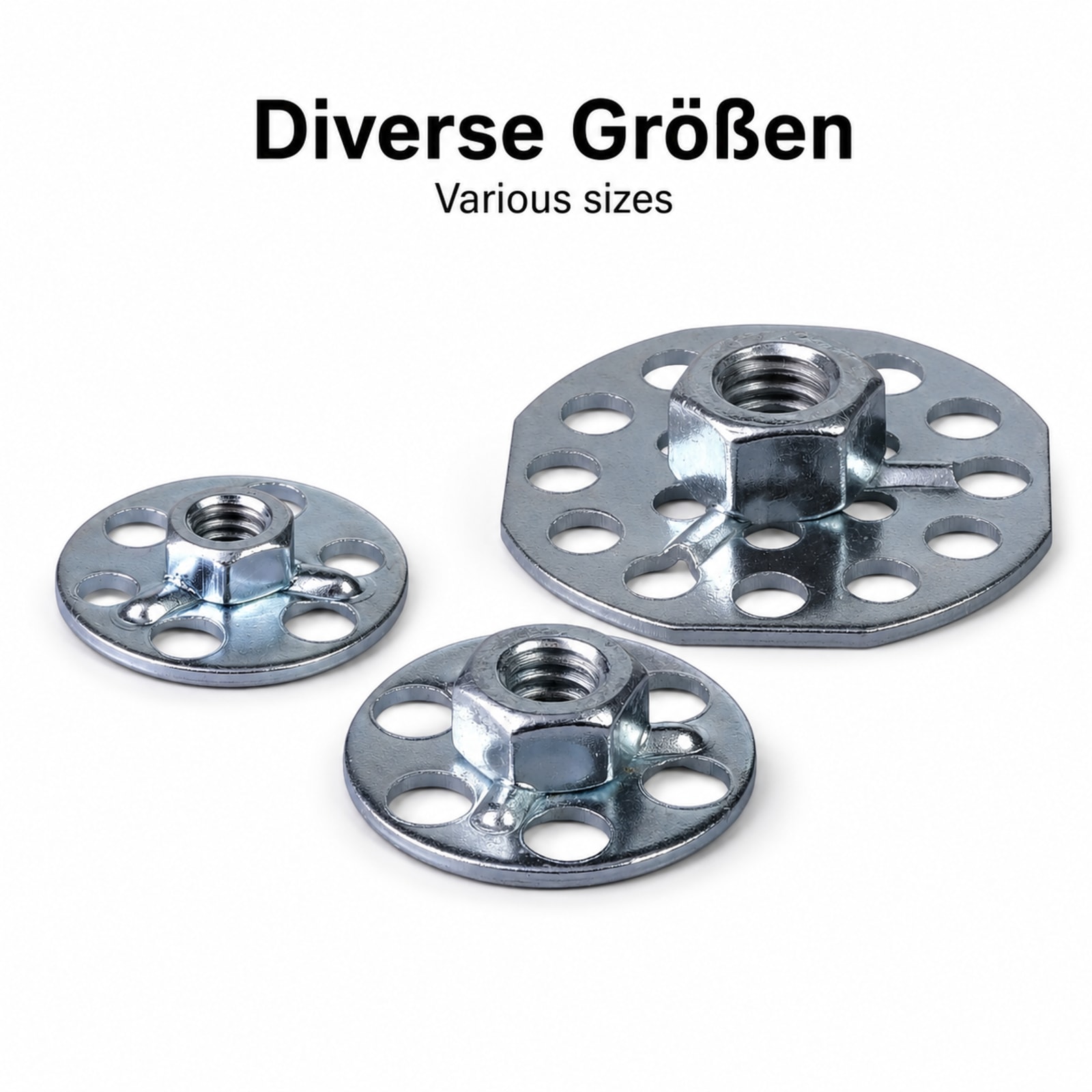 Drei runde Metallplatten mit Löchern und Muttern in verschiedenen Größen. Text: 'Diverse Größen', 'Various sizes'.
