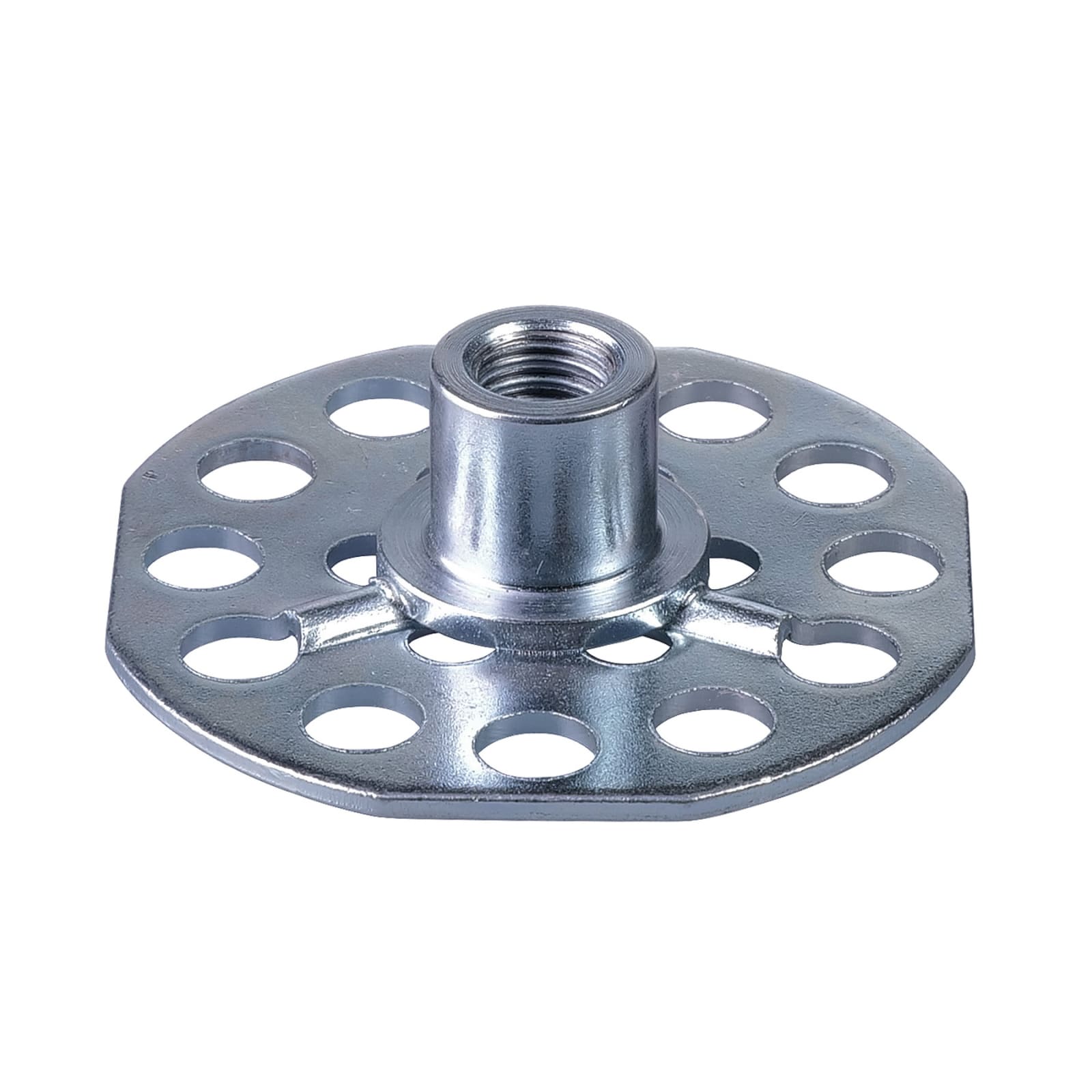 Ein rundes, metallisches Bauteil mit mehreren Löchern und einem erhöhten, zentralen Gewinde.