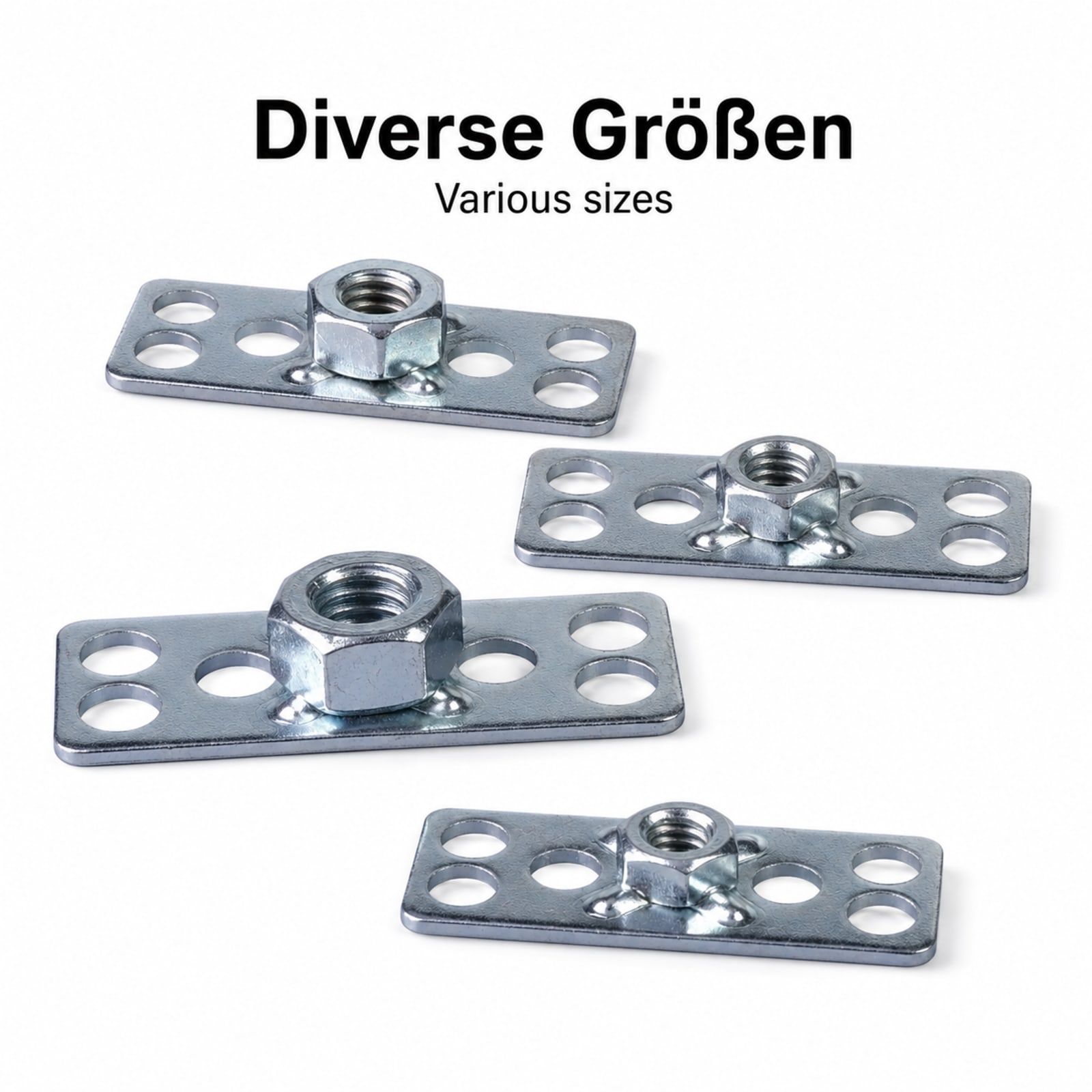 Vier Metallplatten mit Muttern in verschiedenen Größen. Text oben: 