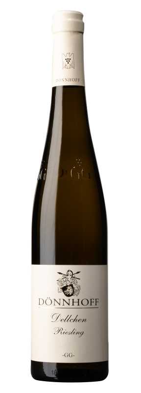 Produktfoto: Hochwertige Schlegelflasche mit Etikett "Dönnhof Dellchen Riesling GG". Weißer Verschluss, Wappen auf Etikett.